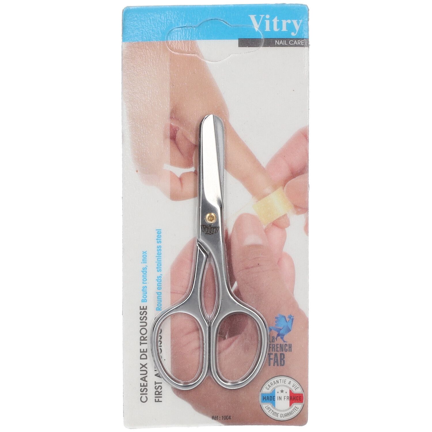 Ciseaux à ongles à bouts ronds, en acier inoxydable. Emballage blister. Marque Vitry. Mention: French Fab.