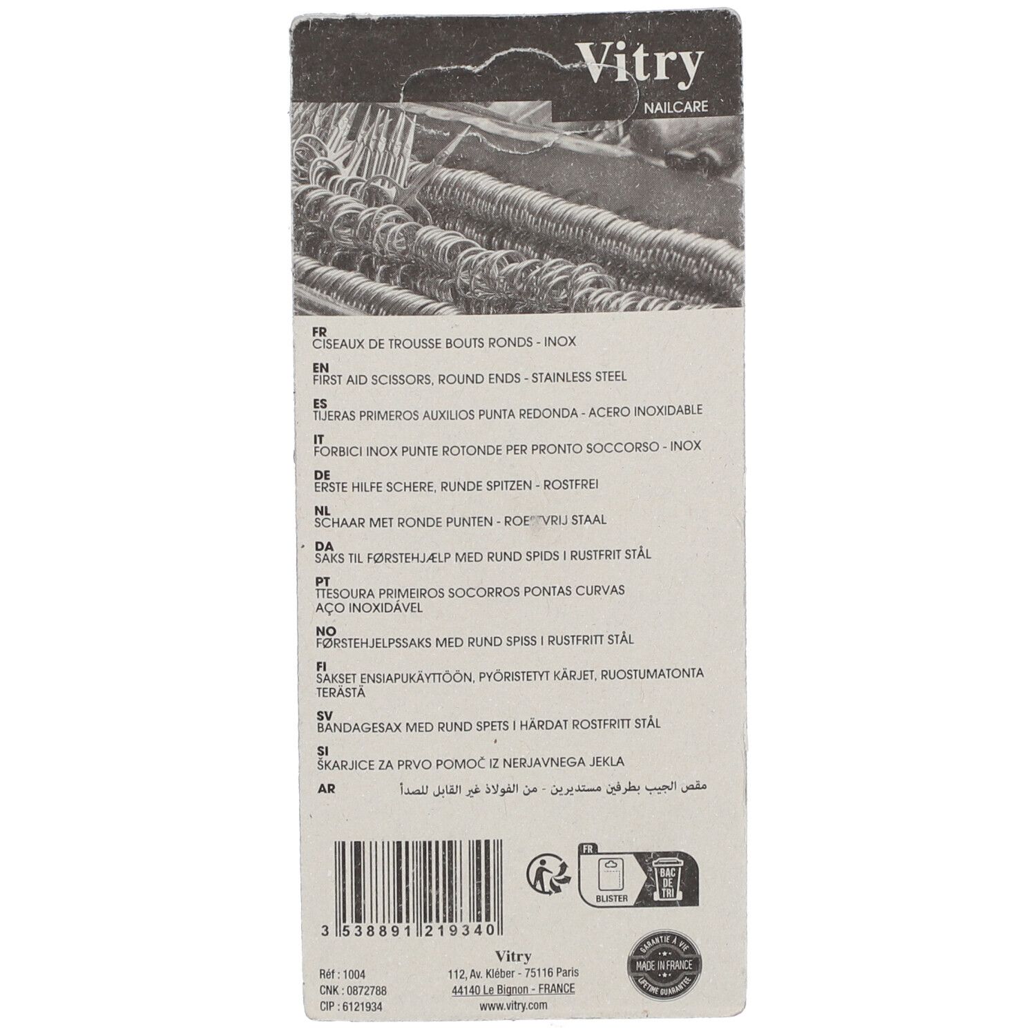 Dos de l'emballage. Texte multilingue. Nom du produit: Ciseaux à bouts ronds. Marque Vitry.