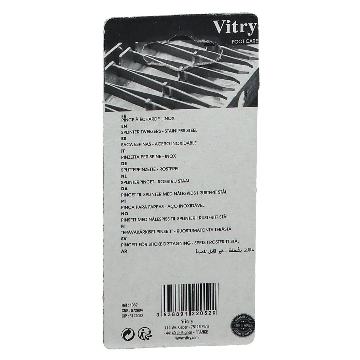 Dos de l'emballage blister avec informations produit multilingues. Marque Vitry, code-barres et Fabriqué en France.
