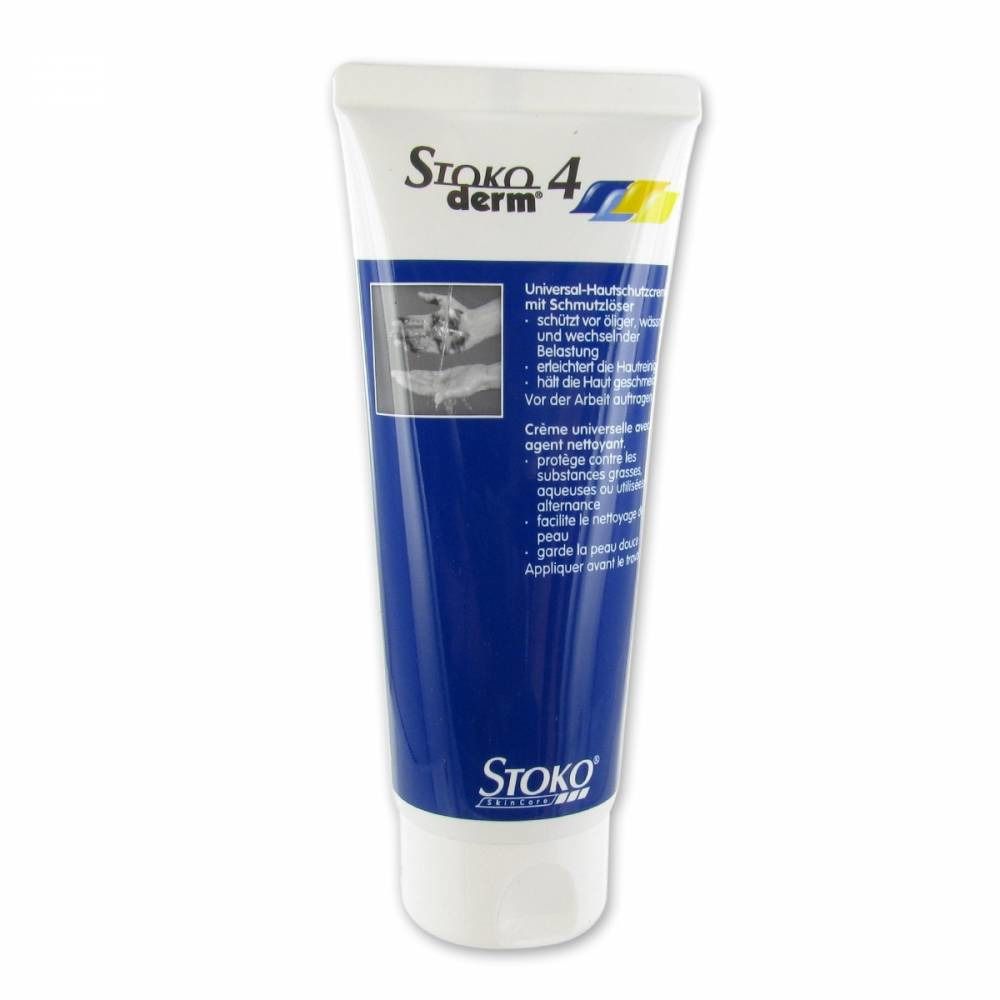 Tube blanc et bleu. Inscription Stoko 4 derm. Texte en allemand et français. Protection cutanée universelle.