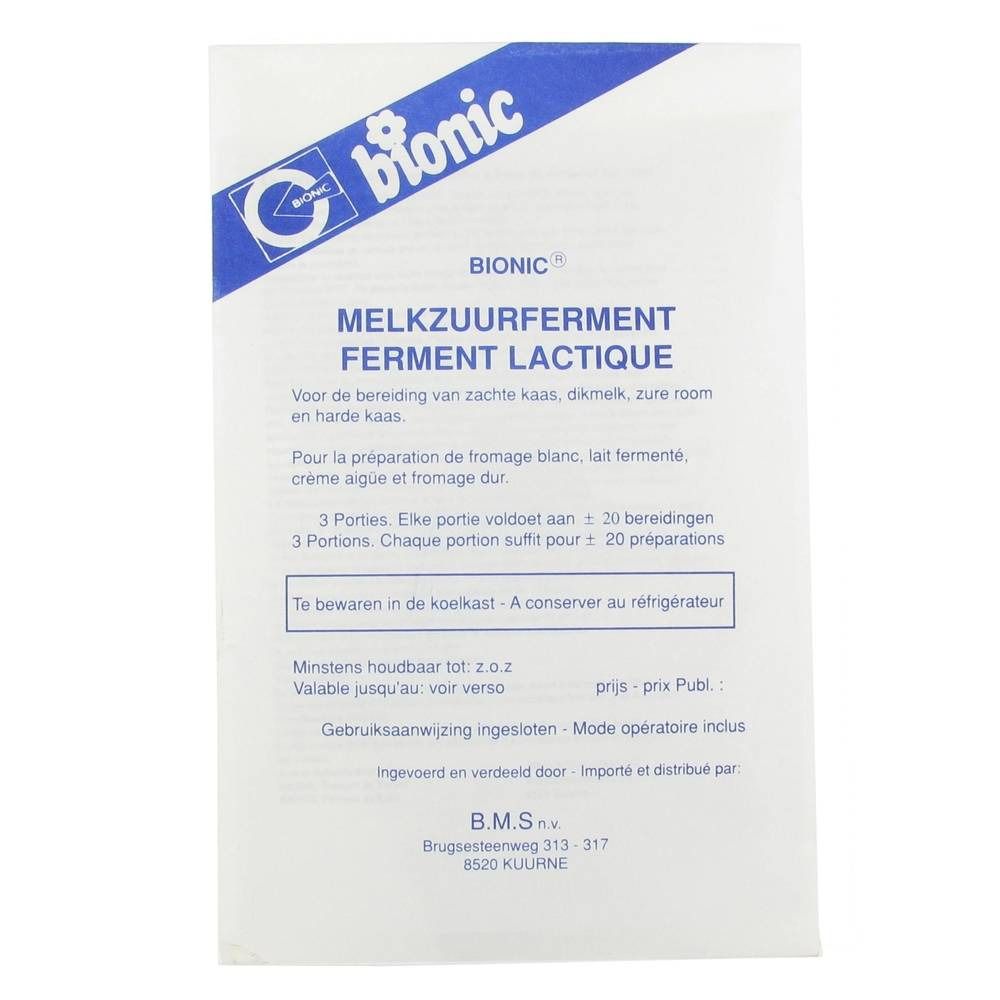 Emballage blanc avec logo bleu. Texte: MELKZUURFERMENT FERMENT LACTIQUE. Pour la fabrication de fromage.