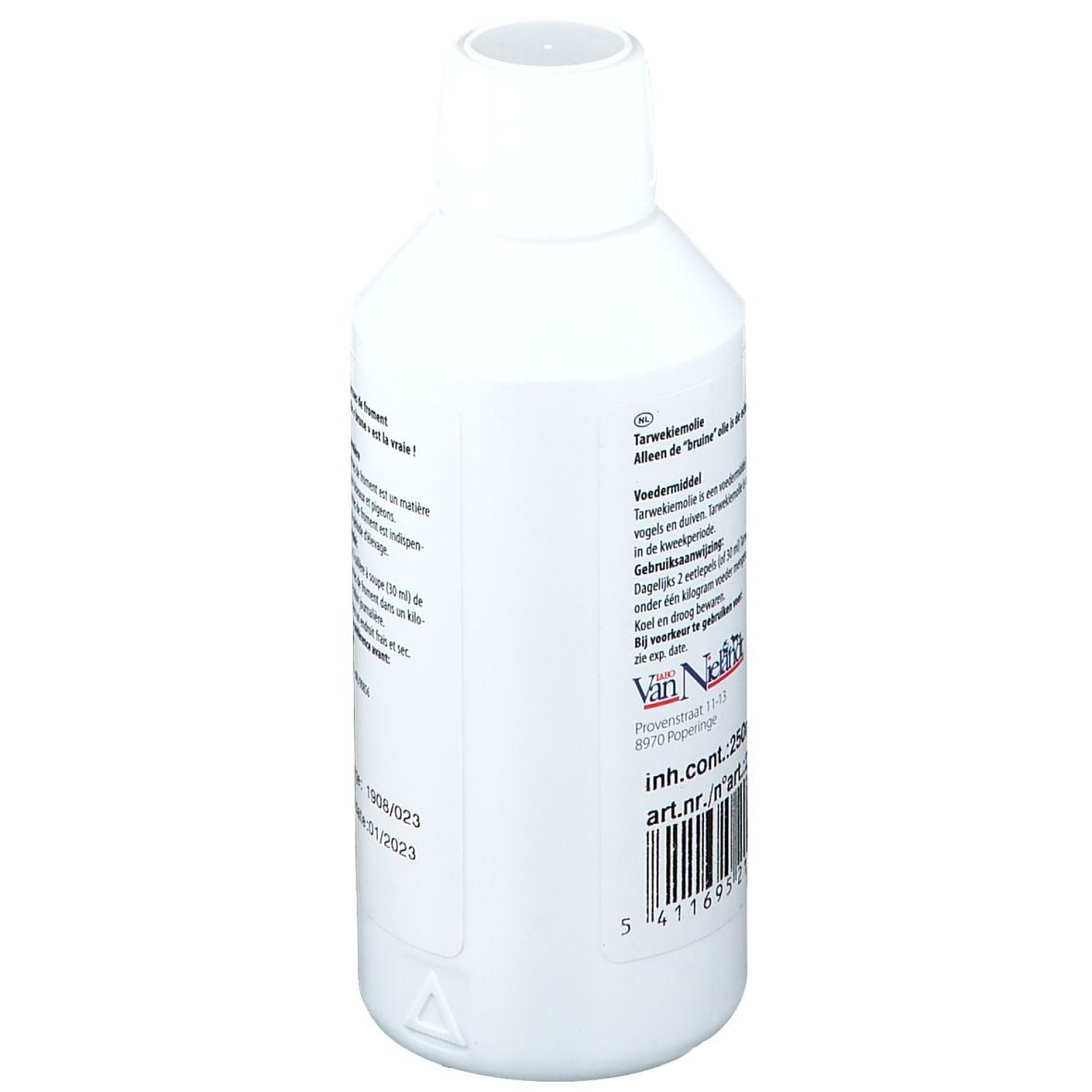 Flasche mit Produktetikett. Text: Van Nielandt. Barcode. Inhalt.nr.: 21681. Aufschrift: Tarwekiemolie. 