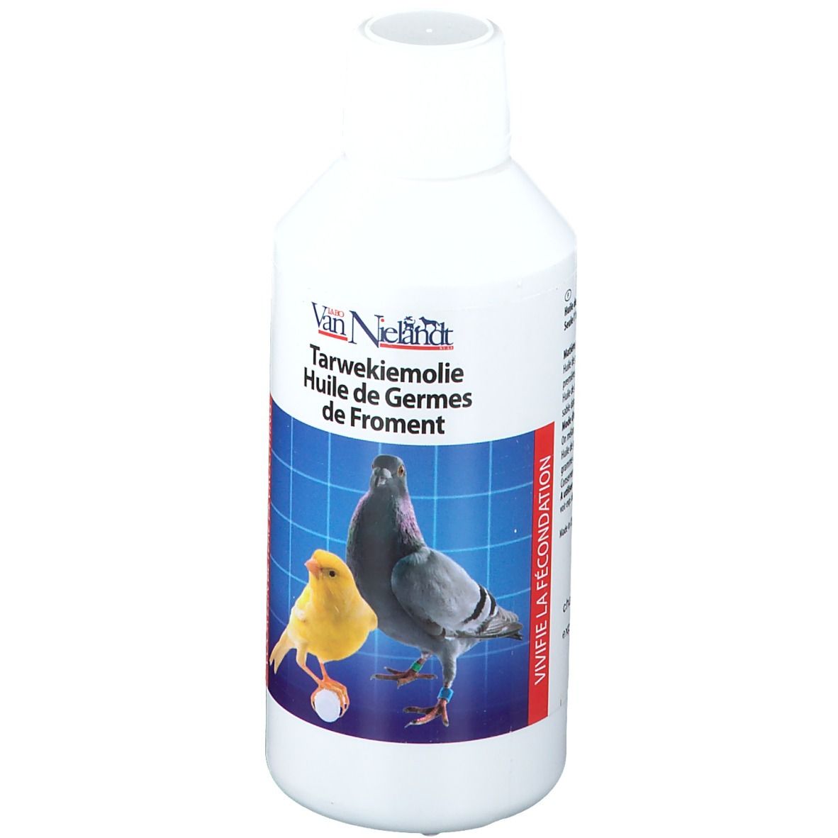 Flasche mit Produktetikett. Text: Van Nielandt. Tarwekiemolie Huile de Germes de Froment. Abbildung: Taube und Kanarienvogel.
