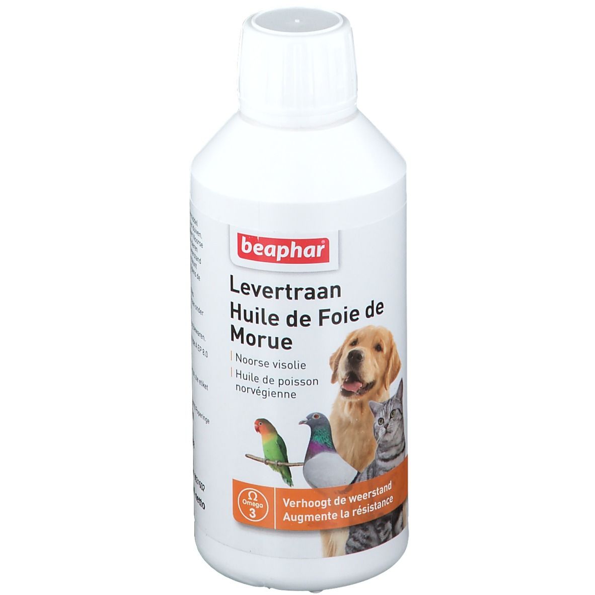 Bouteille blanche avec bouchon à vis. Inscription: Huile de Foie de Morue. Image de chien, chat, oiseau. Marque: beaphar.