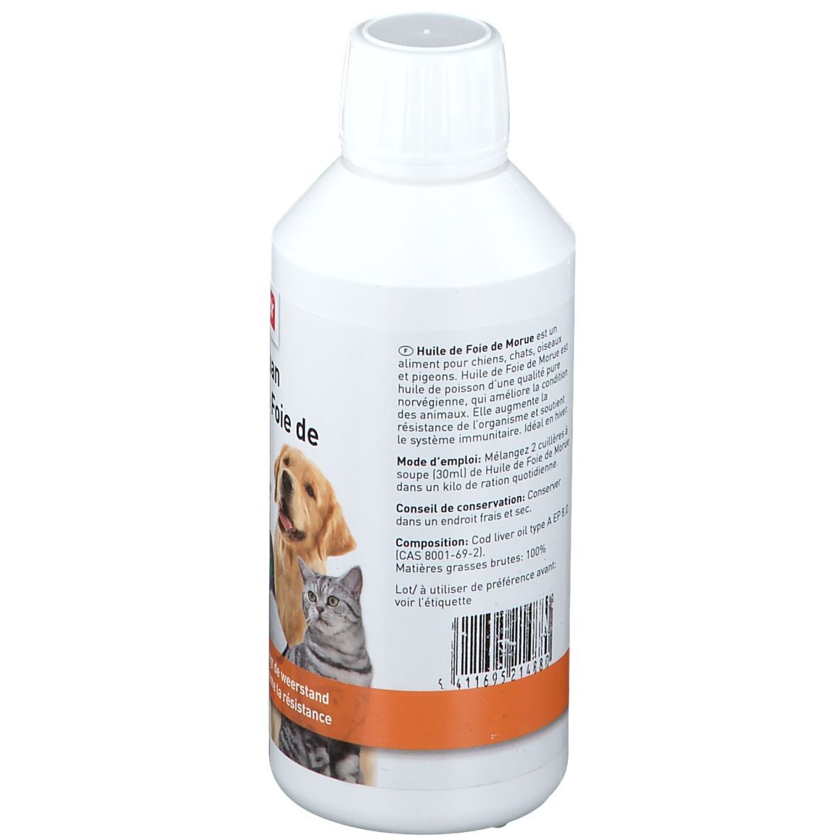 Dos d'une bouteille blanche avec bouchon à vis. Texte: utilisation, ingrédients, conservation. Image de chien, chat, oiseau.