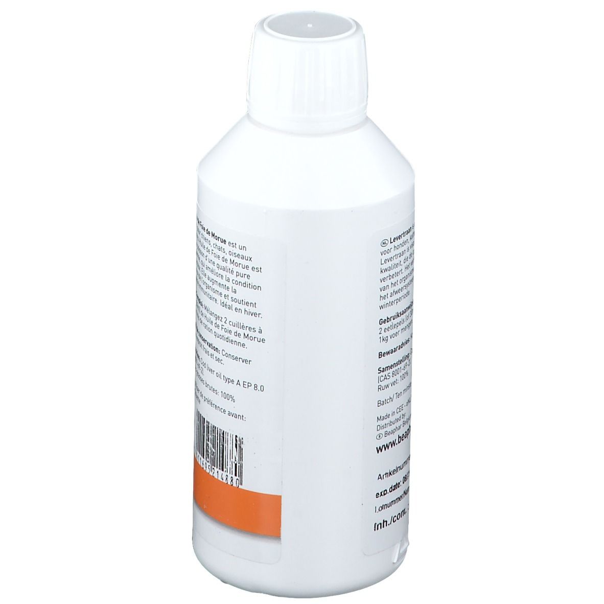 Vue latérale d'une bouteille blanche avec bouchon à vis. Texte: utilisation, ingrédients, conservation. Bande orange.