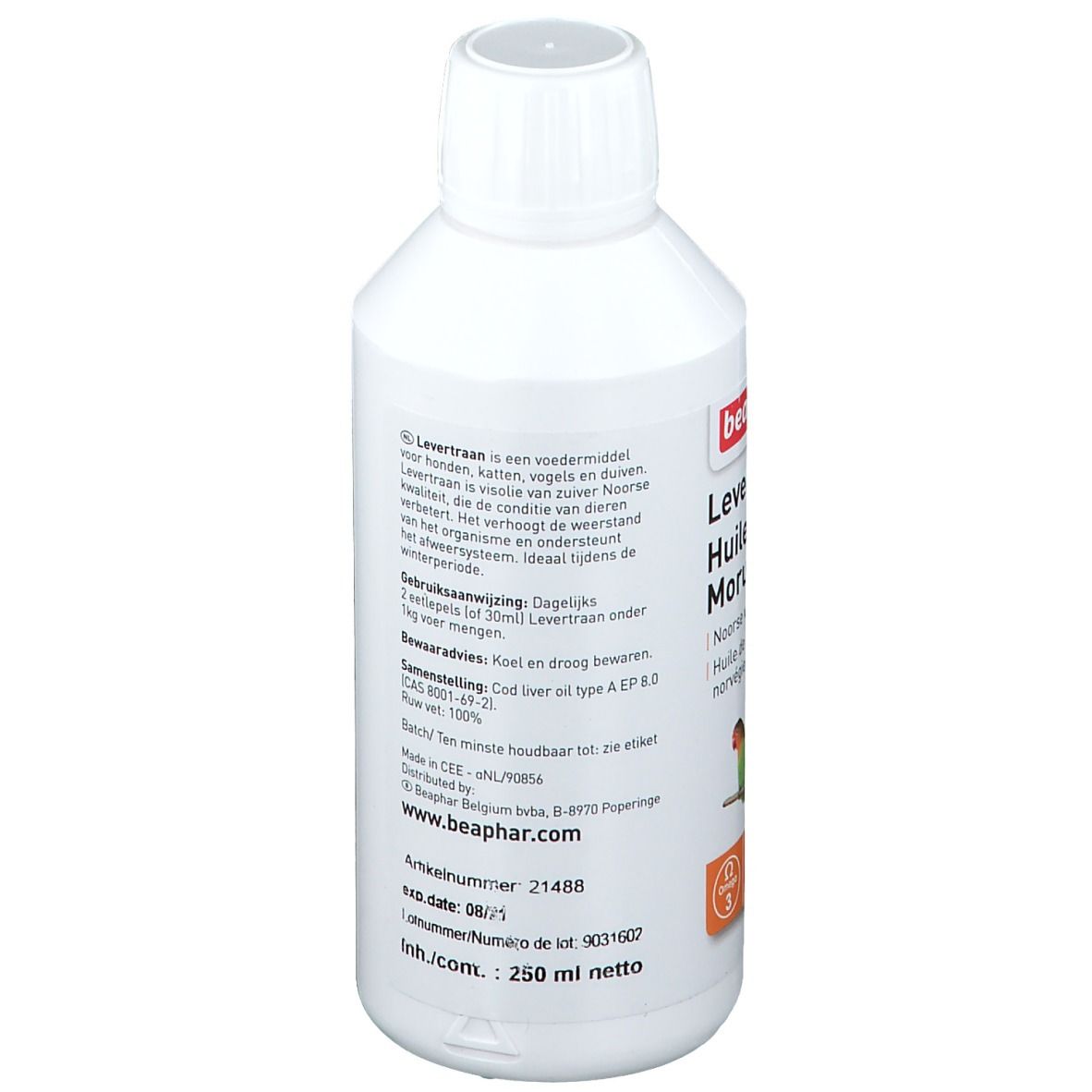 Dos d'une bouteille blanche avec bouchon à vis. Texte: utilisation, ingrédients, conservation. Volume: 250 ml. Marque: beaphar.