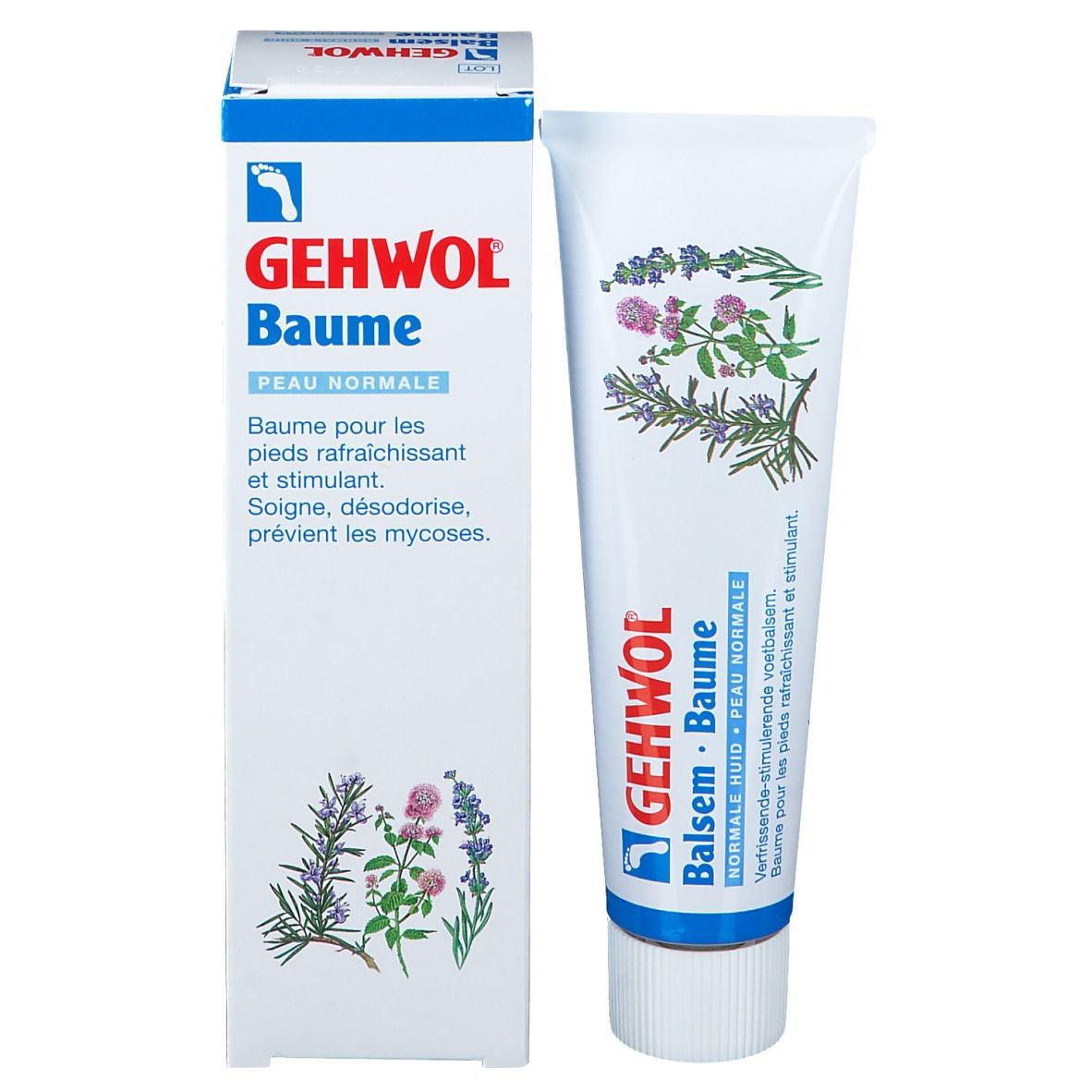 Tube et emballage de Baume Gehwol. Tube avec illustration d'herbes. Emballage avec logo et texte.