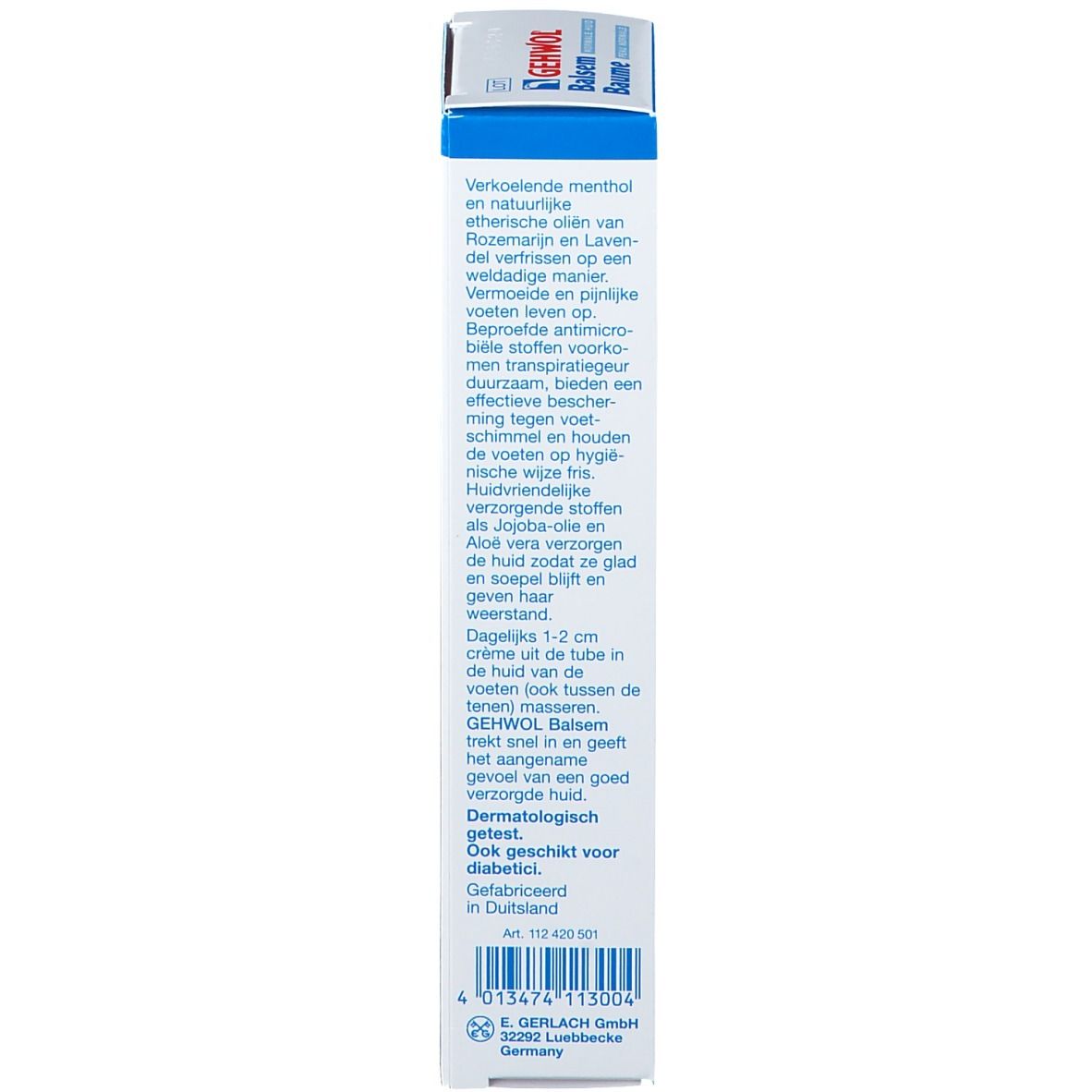 Emballage de Baume Gehwol. Dos avec texte. Blanc avec couvercle bleu. Informations produit en néerlandais.