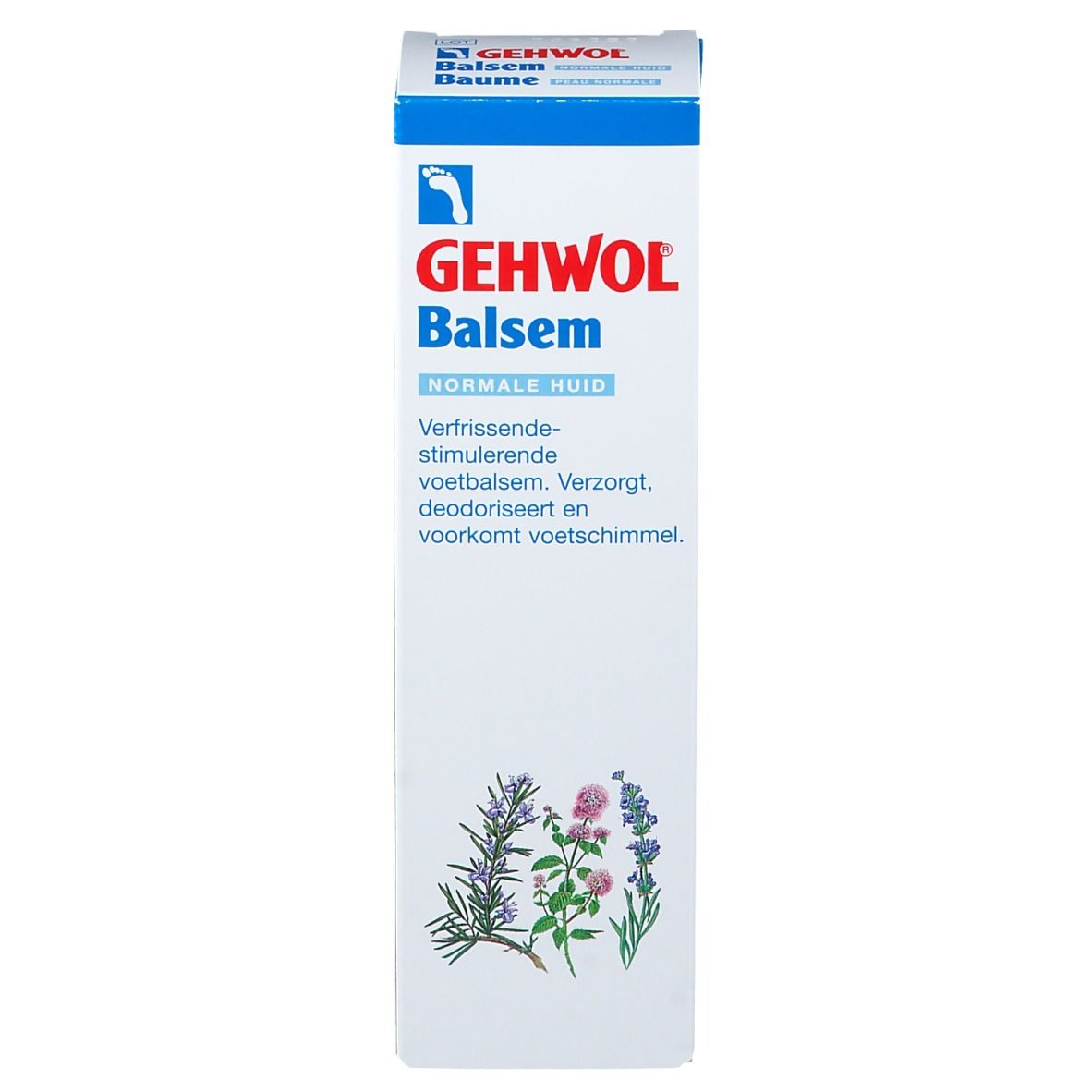 Emballage de Baume Gehwol. Face avant avec logo et texte. Blanc avec couvercle bleu. Illustration d'herbes.