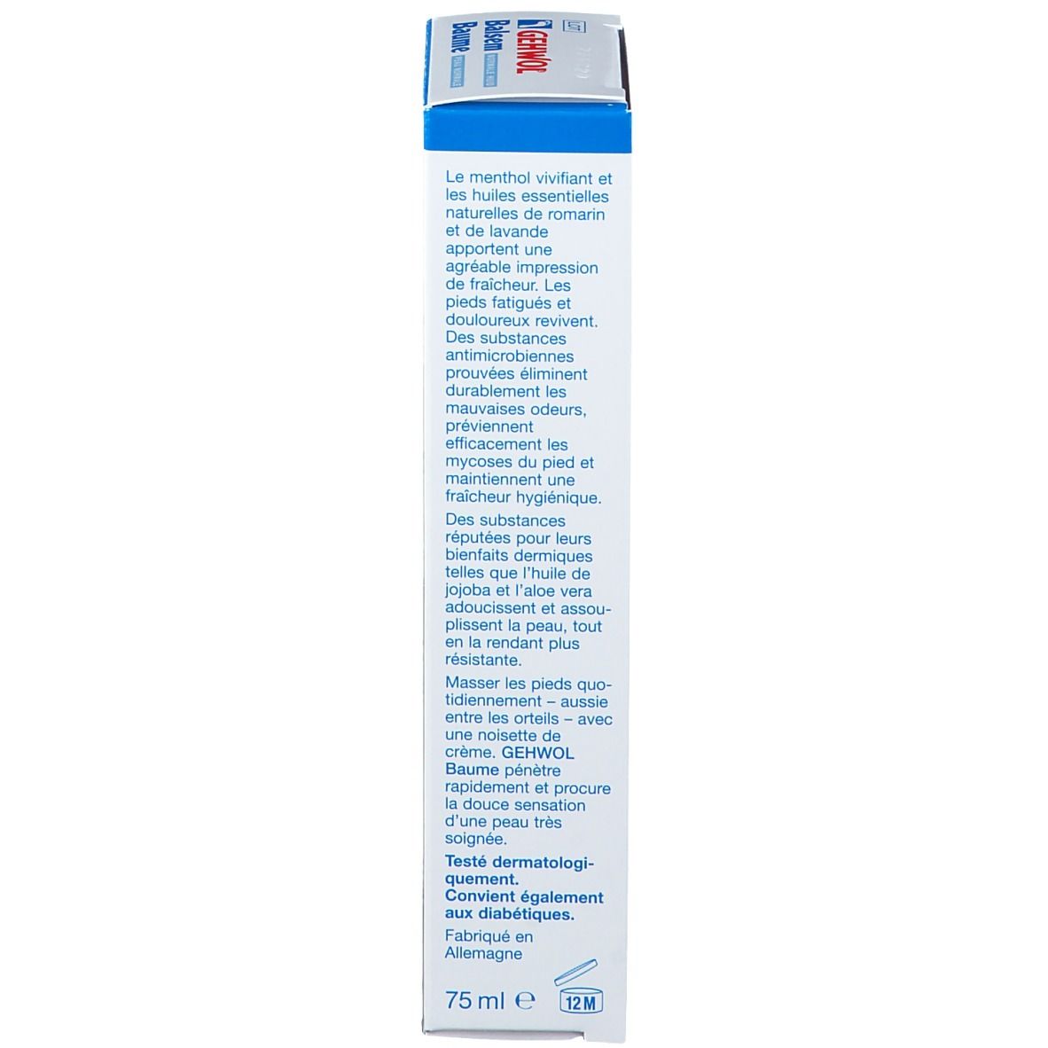 Emballage de Baume Gehwol. Dos avec texte. Blanc avec couvercle bleu. Informations produit en allemand.