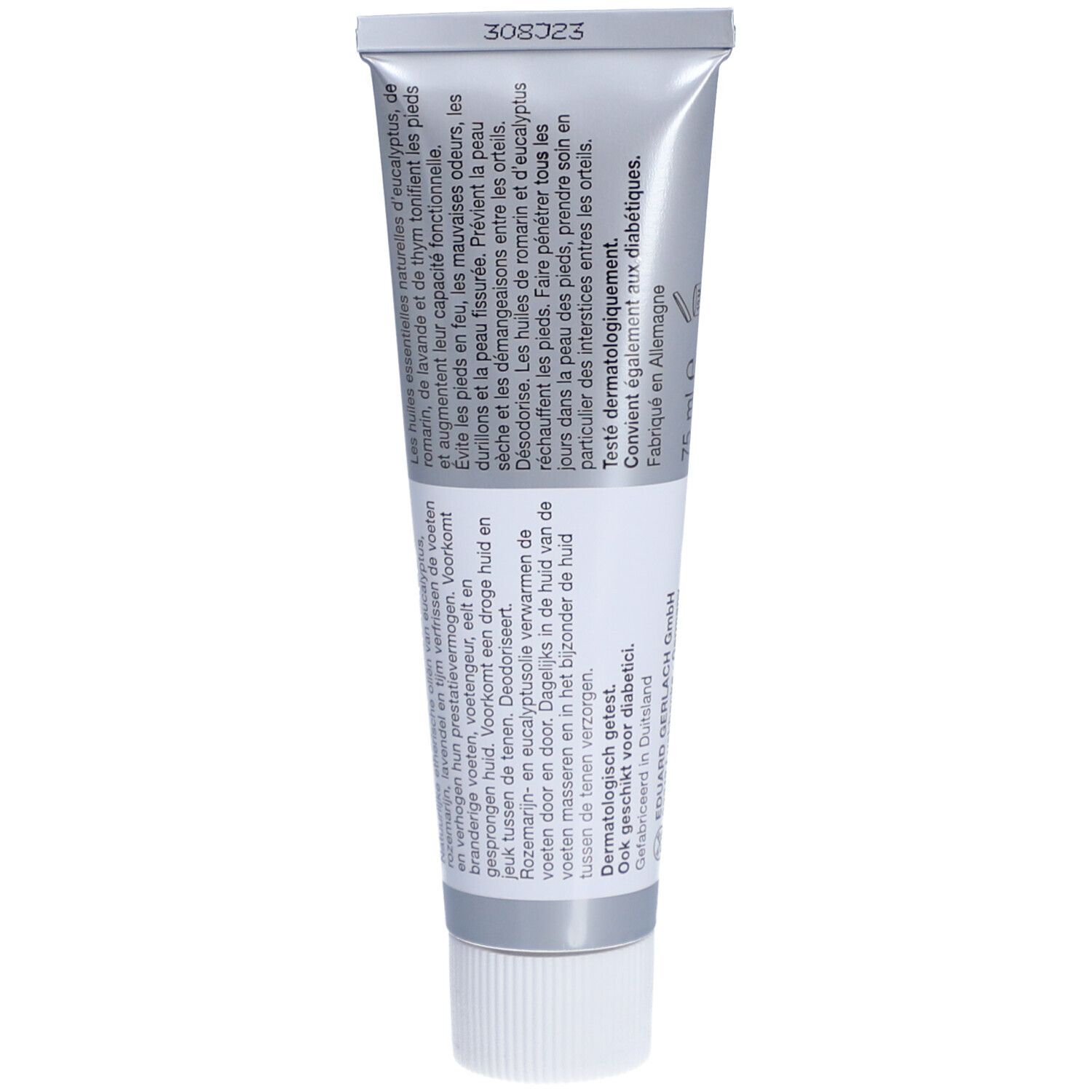 Rückseite der Creme-Tube. Text in mehreren Sprachen. Aufschrift: dermatologisch getestet. Hergestellt in Deutschland.