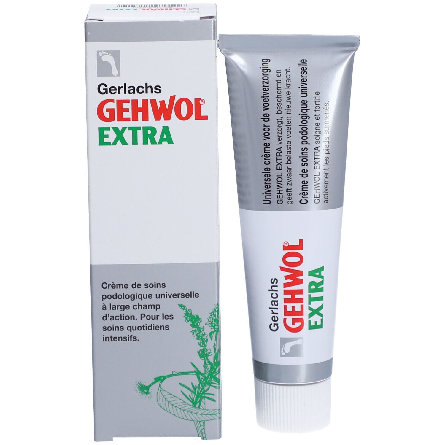 Creme-Tube und Schachtel. Aufschrift: GEHWOL EXTRA. Schachtel mit grünem Logo und Text in mehreren Sprachen.