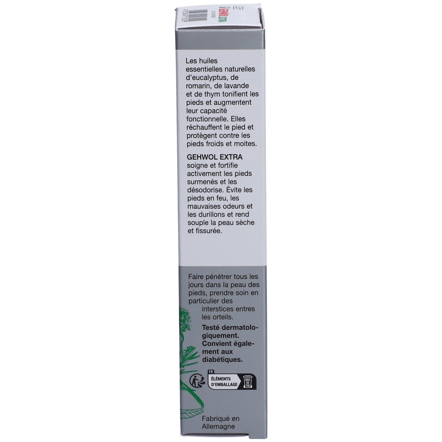 Rückseite der Schachtel. Text in mehreren Sprachen. Aufschrift: dermatologisch getestet. Für Diabetiker geeignet.