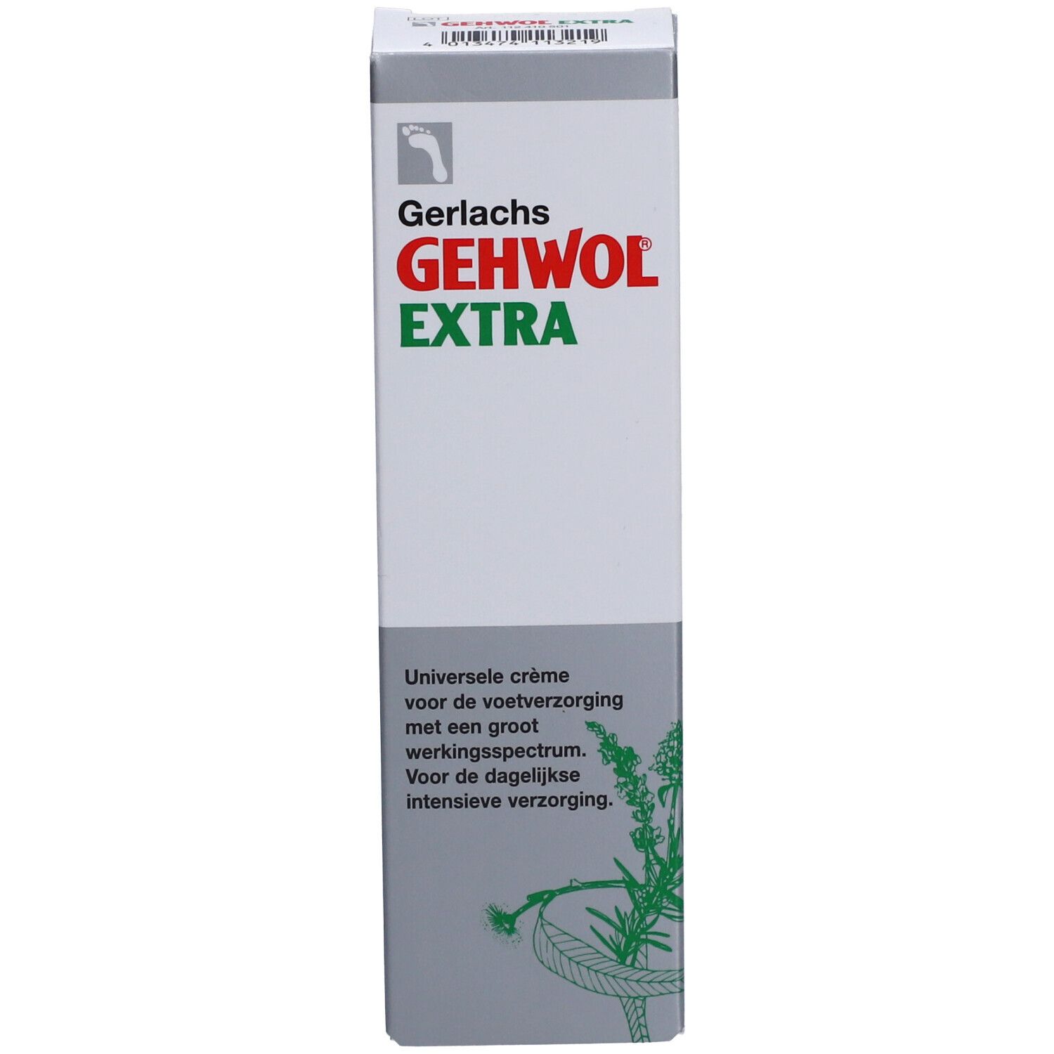 Schachtel mit Aufschrift: GEHWOL EXTRA. Grünes Logo und Text in mehreren Sprachen. Produkt für die Fußpflege.