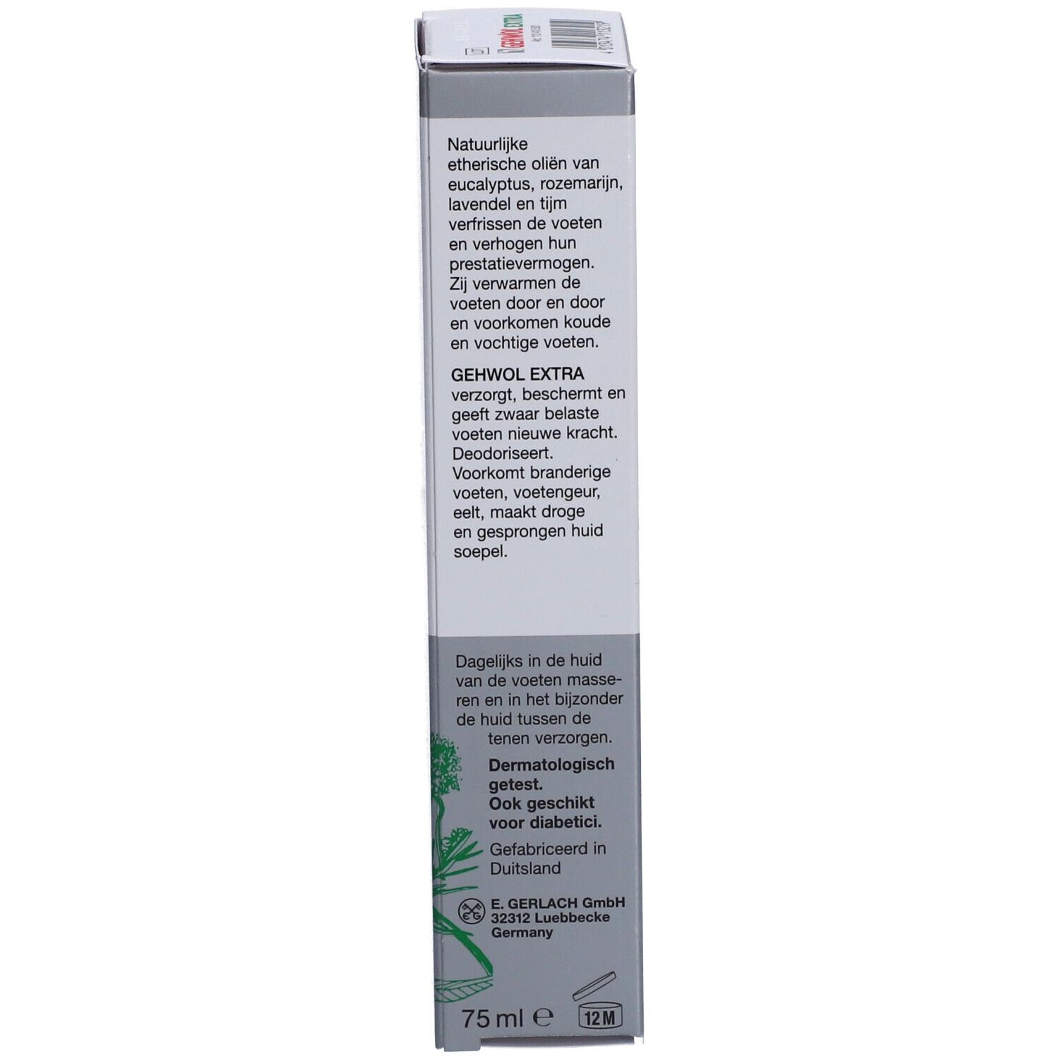 Seite der Schachtel. Text in mehreren Sprachen. Aufschrift: 75 ml. Für Diabetiker geeignet. Hergestellt in Deutschland.