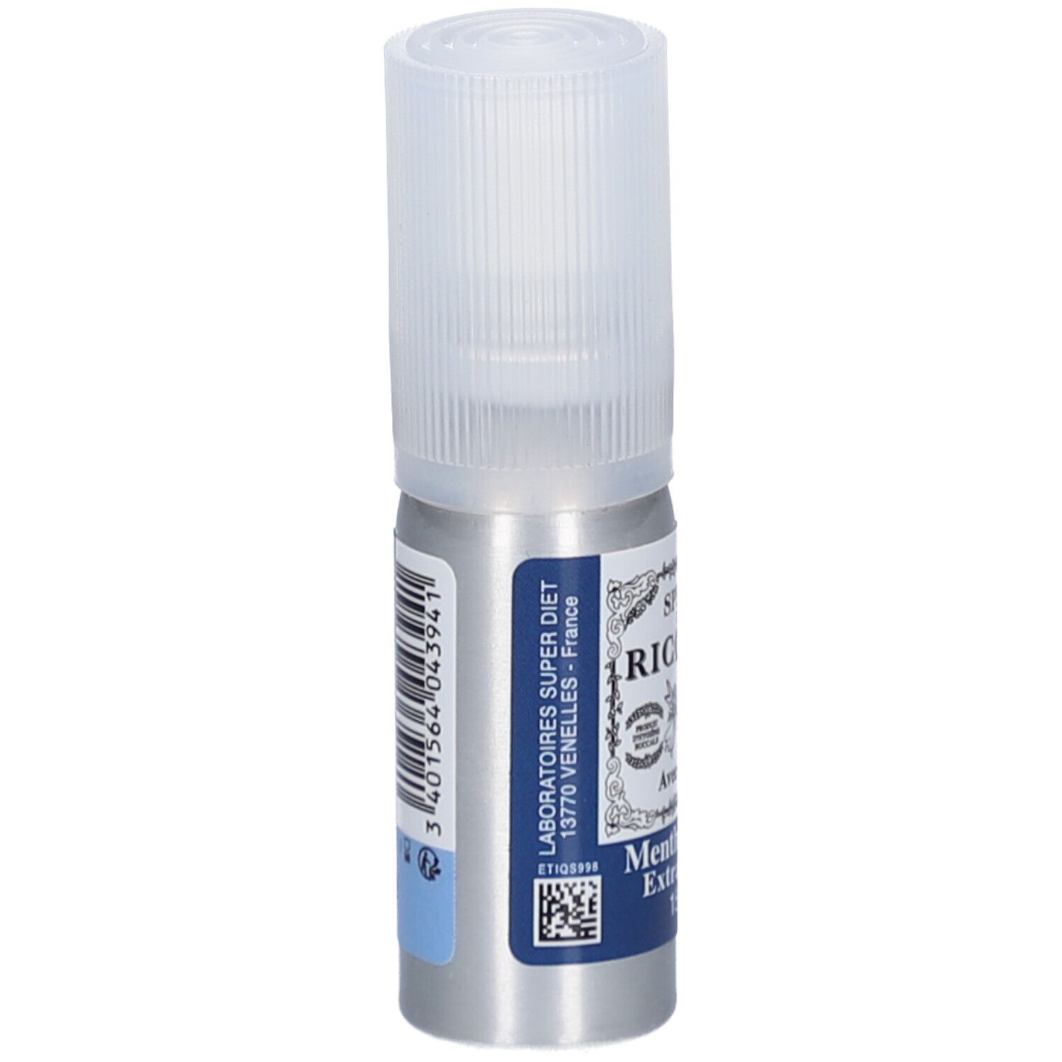 Zylindrische Flasche mit Sprühkopf. Aufschrift: Spray de Ricqlès, Menthe Forte Extra Frais, 15 ml. Mit Alkohol. Rückseite mit Barcode.