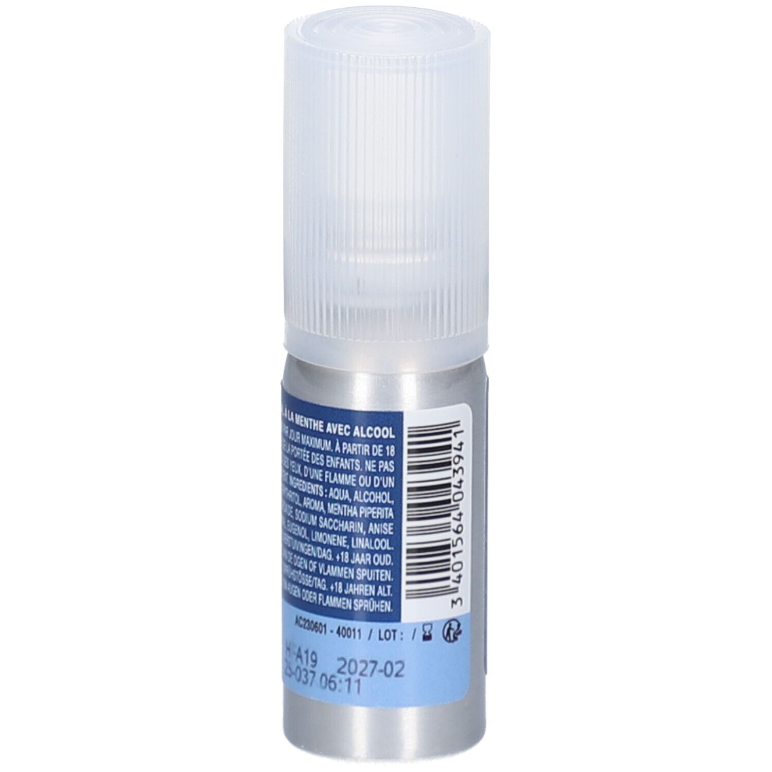Zylindrische Flasche mit Sprühkopf. Aufschrift: Spray de Ricqlès, Menthe Forte Extra Frais, 15 ml. Mit Alkohol. Rückseite mit Inhaltsstoffen.