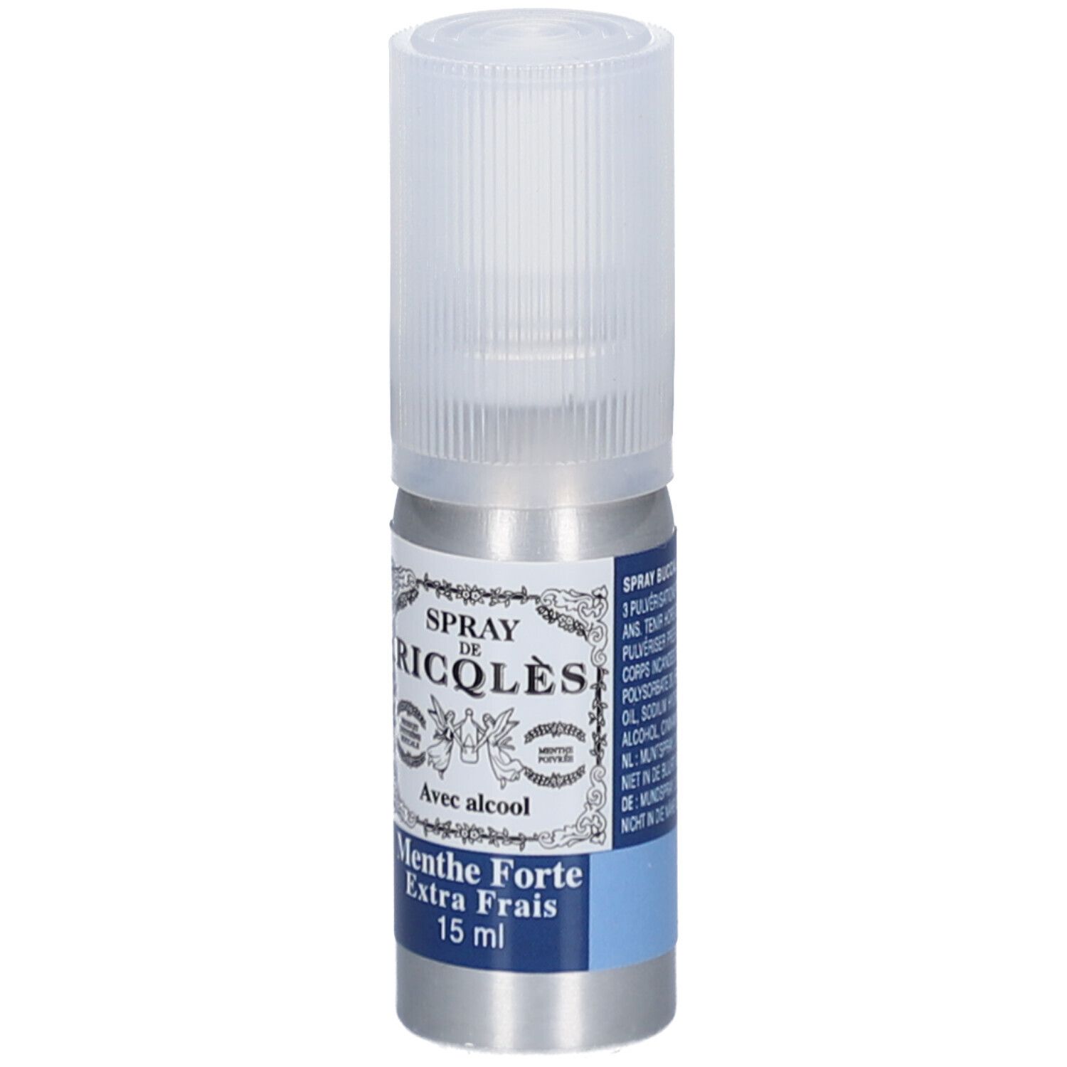 Zylindrische Flasche mit Sprühkopf. Aufschrift: Spray de Ricqlès, Menthe Forte Extra Frais, 15 ml. Mit Alkohol.