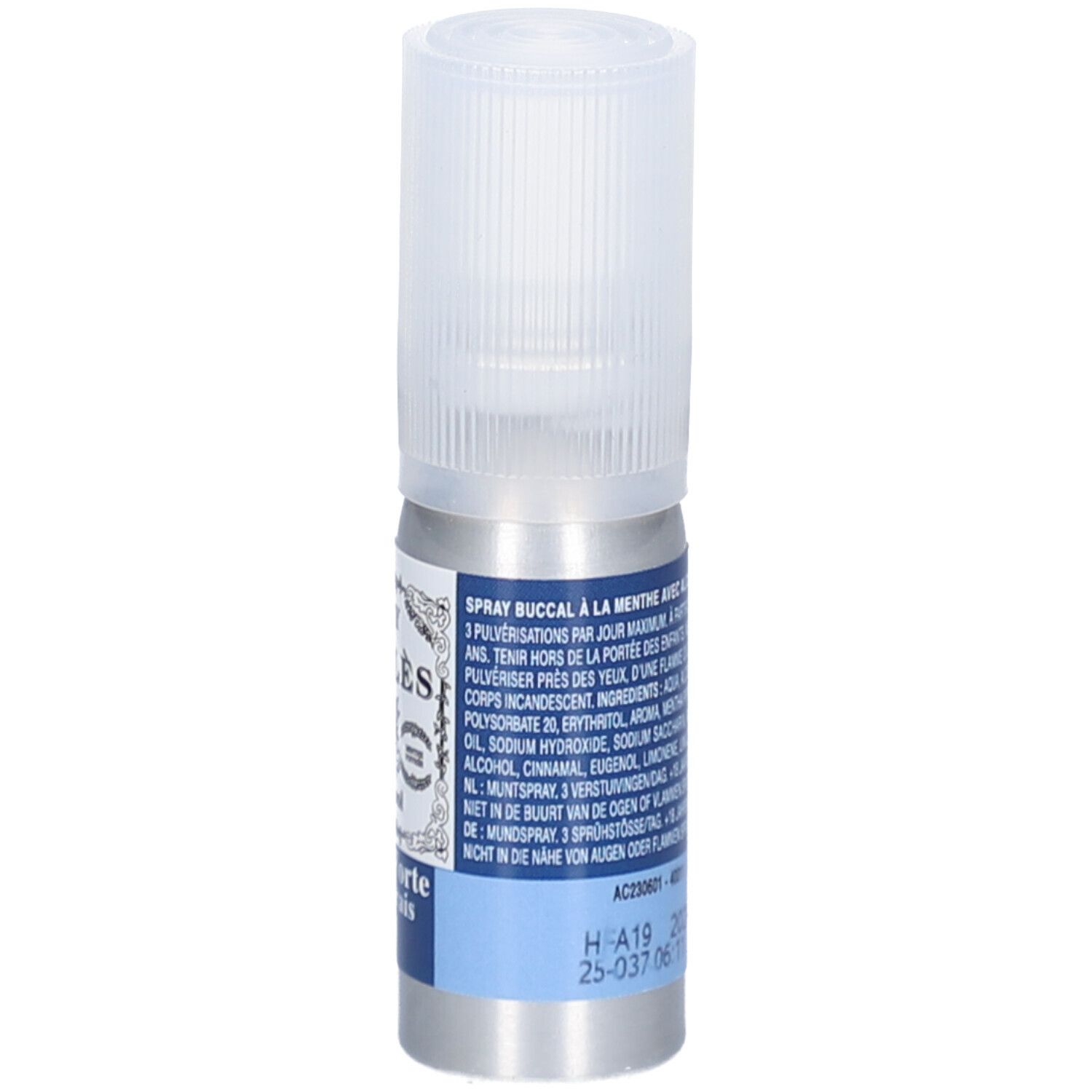 Zylindrische Flasche mit Sprühkopf. Aufschrift: Spray de Ricqlès, Menthe Forte Extra Frais, 15 ml. Mit Alkohol. Rückseite mit Informationen.