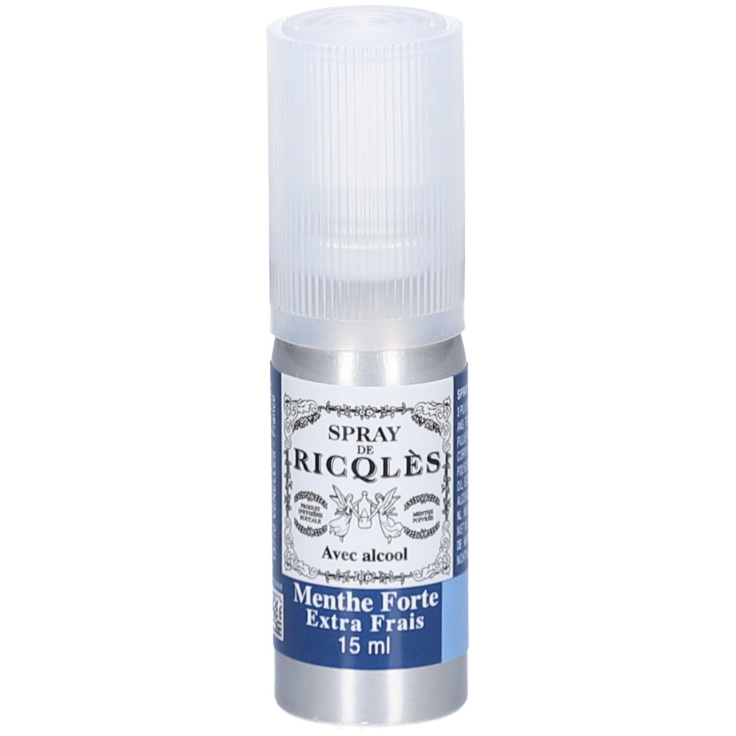 Zylindrische Flasche mit Sprühkopf. Aufschrift: Spray de Ricqlès, Menthe Forte Extra Frais, 15 ml. Mit Alkohol.