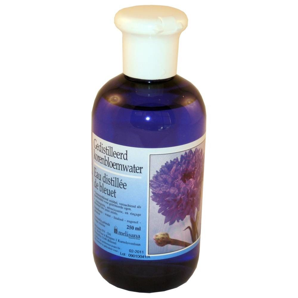 Flacon bleu avec bouchon blanc. Inscription: Gedistilleerd korenbloemwater, Eau distillée de bleuet. Illustration d'une fleur de bleuet.