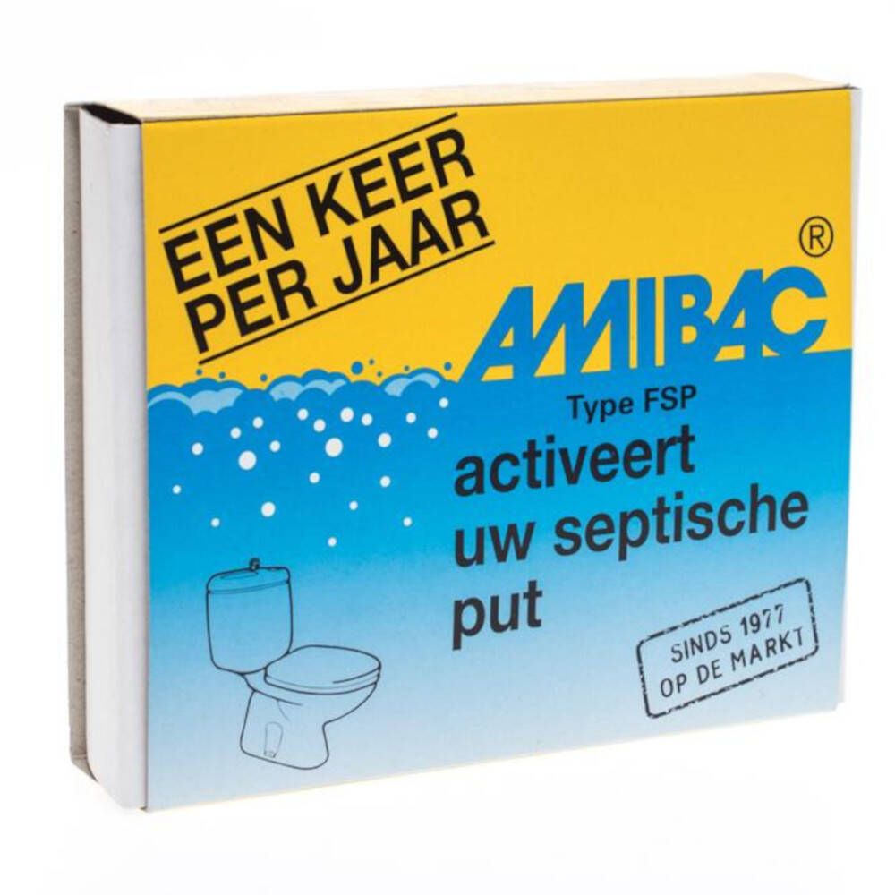 Septische put activator in kartonnen doos. Blauwe en gele kleuren. Tekst: Amibac, activeert uw septische put. Sinds 1977.
