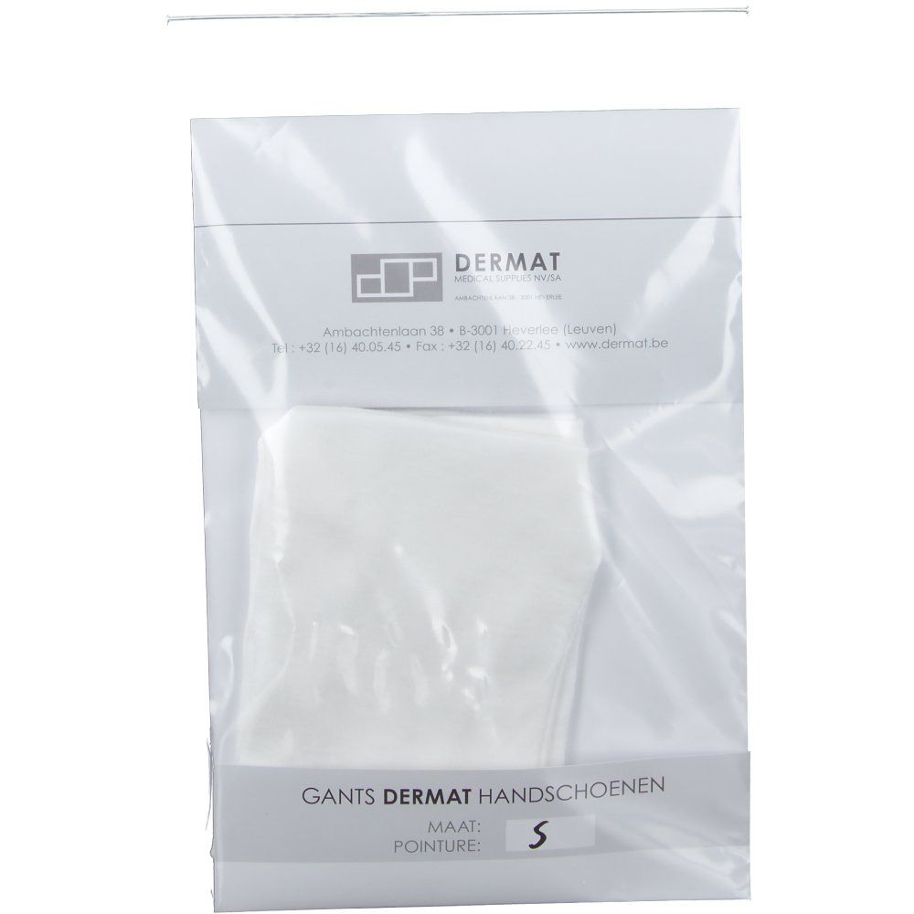 Gant Dermat blanc en emballage plastique. Taille S. Logo et texte visibles.