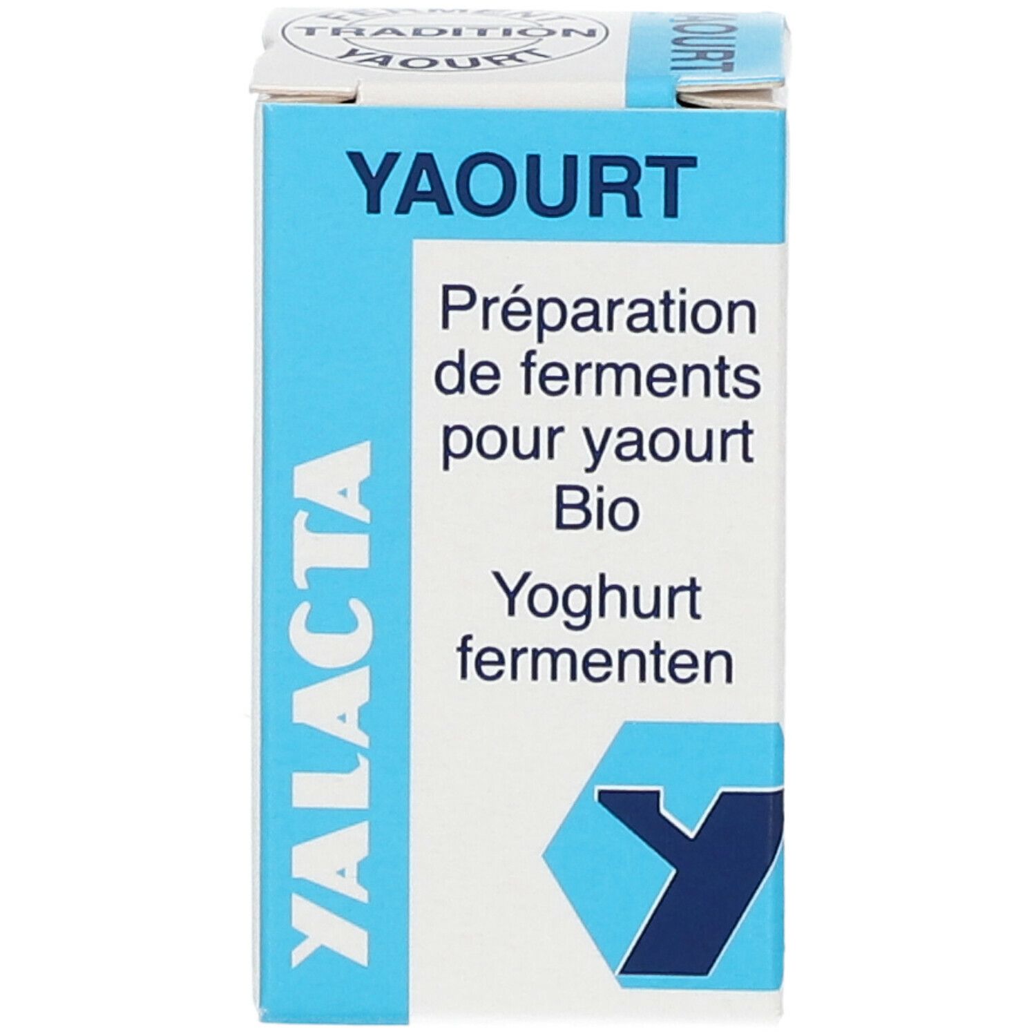 Boîte en carton bleu et blanc. Inscription: YAOURT, YALACTA, Préparation de ferments pour yaourt Bio, Yoghurt fermenten.