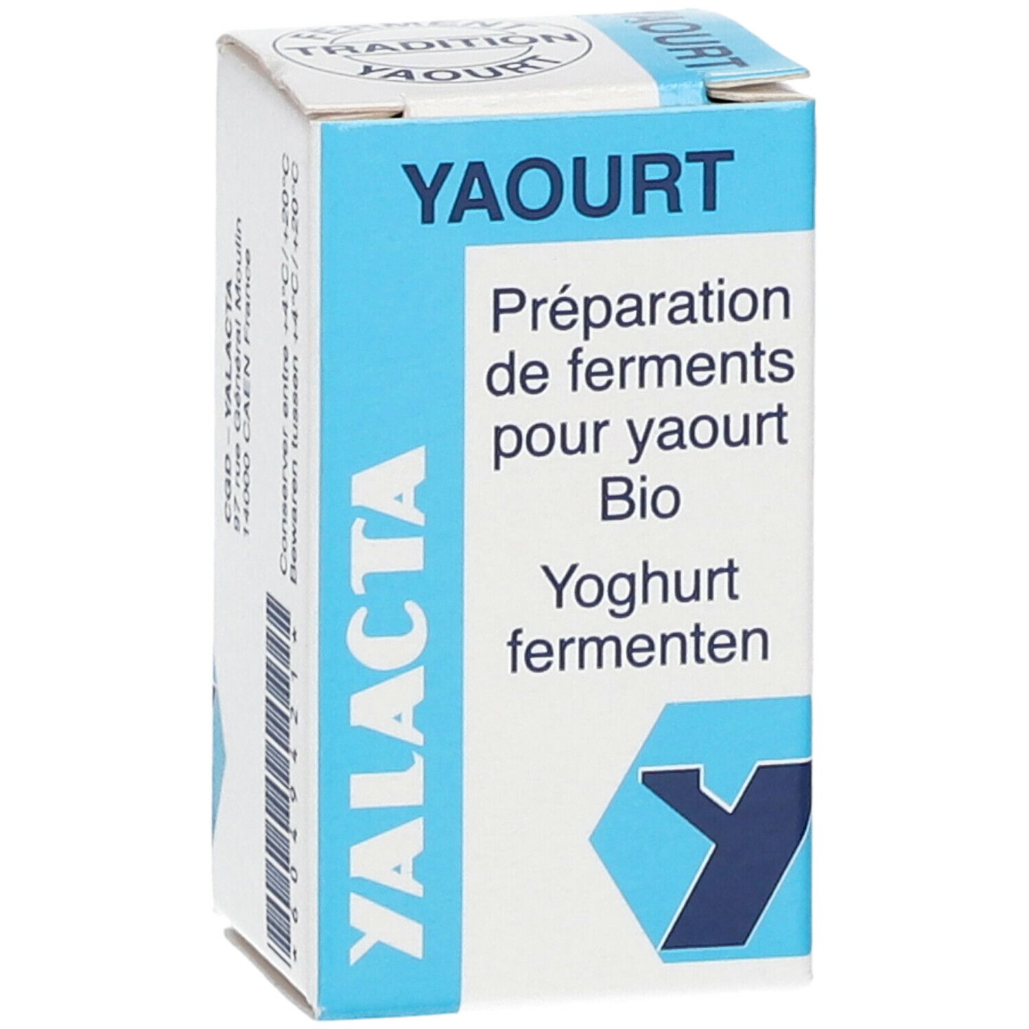 Boîte en carton bleu et blanc. Inscription: YAOURT, YALACTA, Préparation de ferments pour yaourt Bio, Yoghurt fermenten.