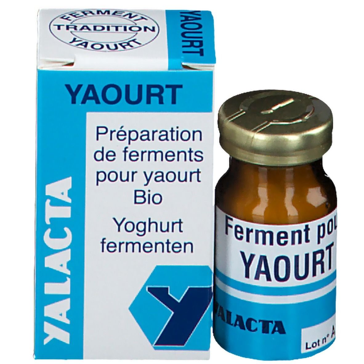 Boîte en carton et flacon en verre. Inscription: YAOURT, YALACTA, Préparation de ferments pour yaourt Bio, Yoghurt fermenten.
