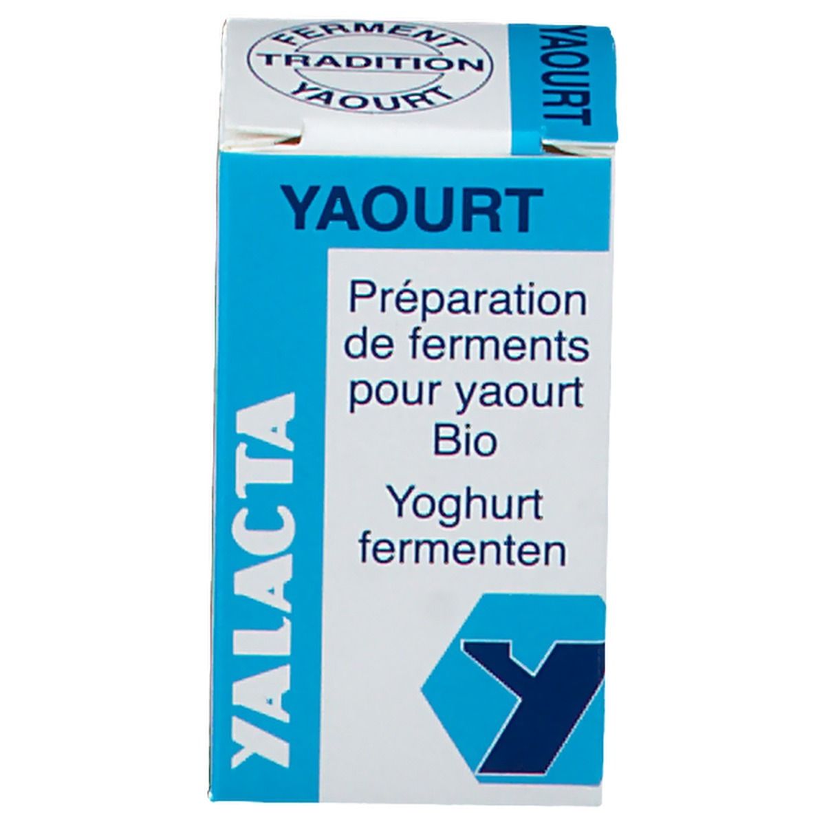 Boîte en carton bleu et blanc. Inscription: YAOURT, YALACTA, Préparation de ferments pour yaourt Bio, Yoghurt fermenten.