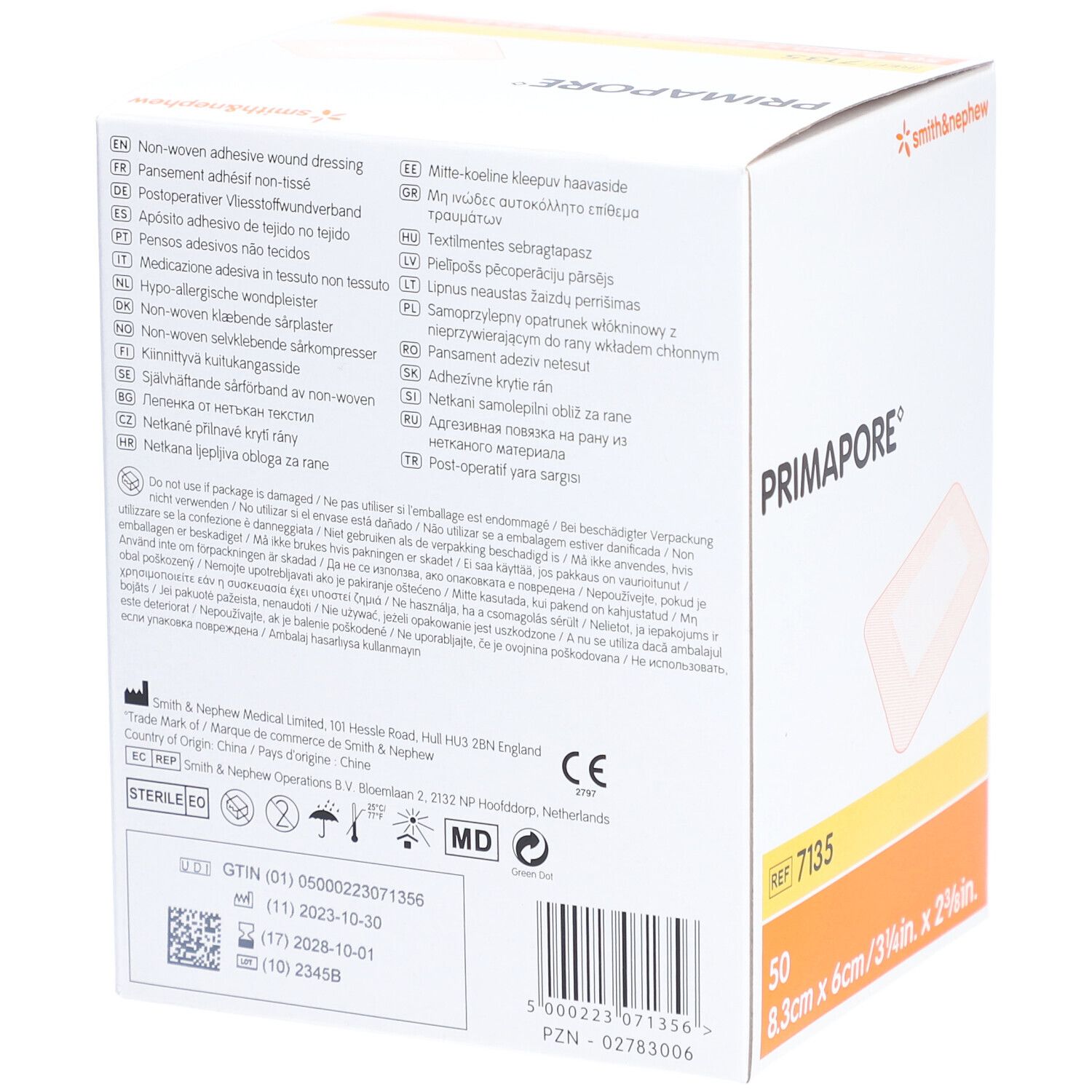 Boîte de pansements PRIMAPORE®. Dimensions 8,3x6cm. Contient 50 unités. Marque Smith & Nephew. Texte multilingue.