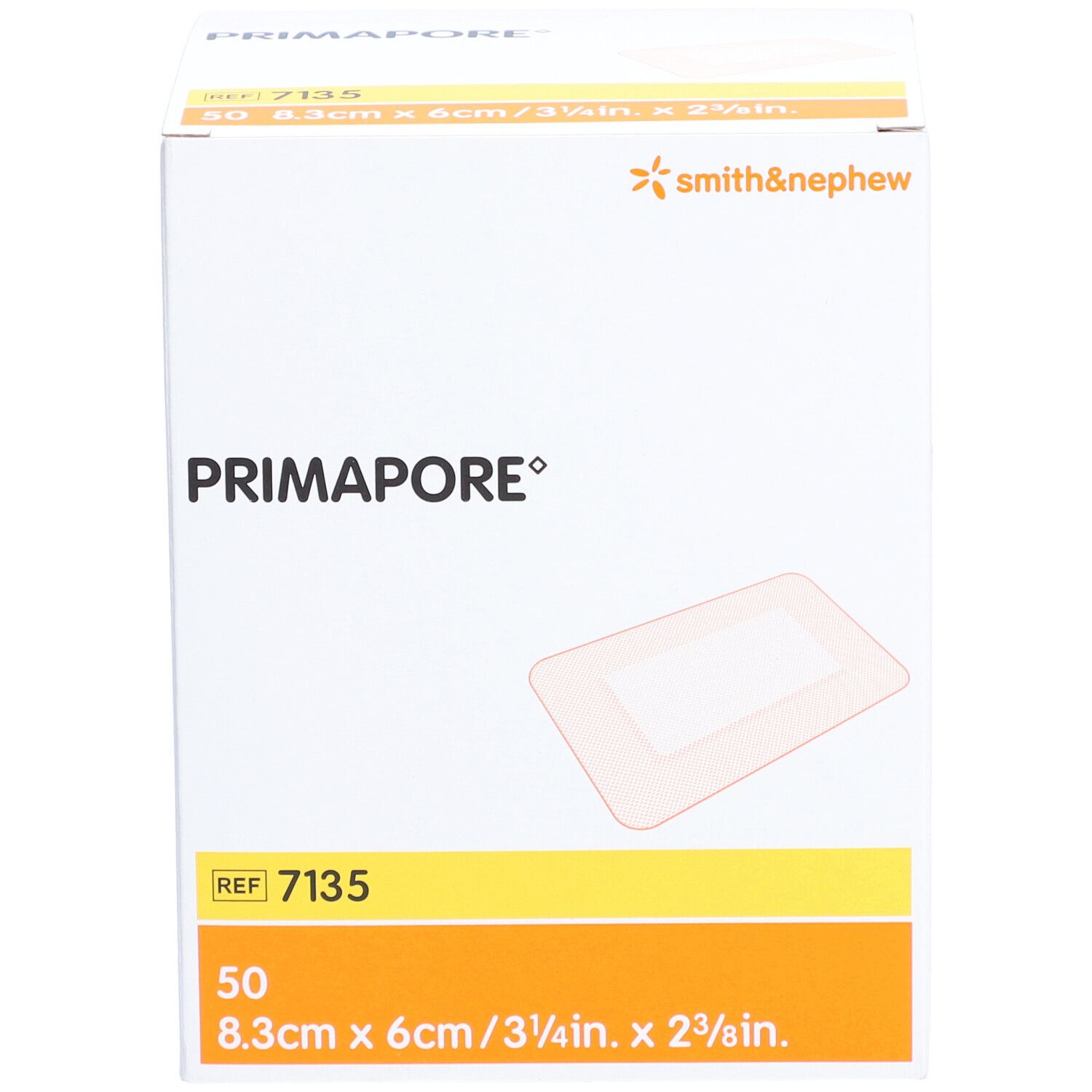 Boîte de pansements PRIMAPORE®. Dimensions 8,3x6cm. Contient 50 unités. Marque Smith & Nephew.