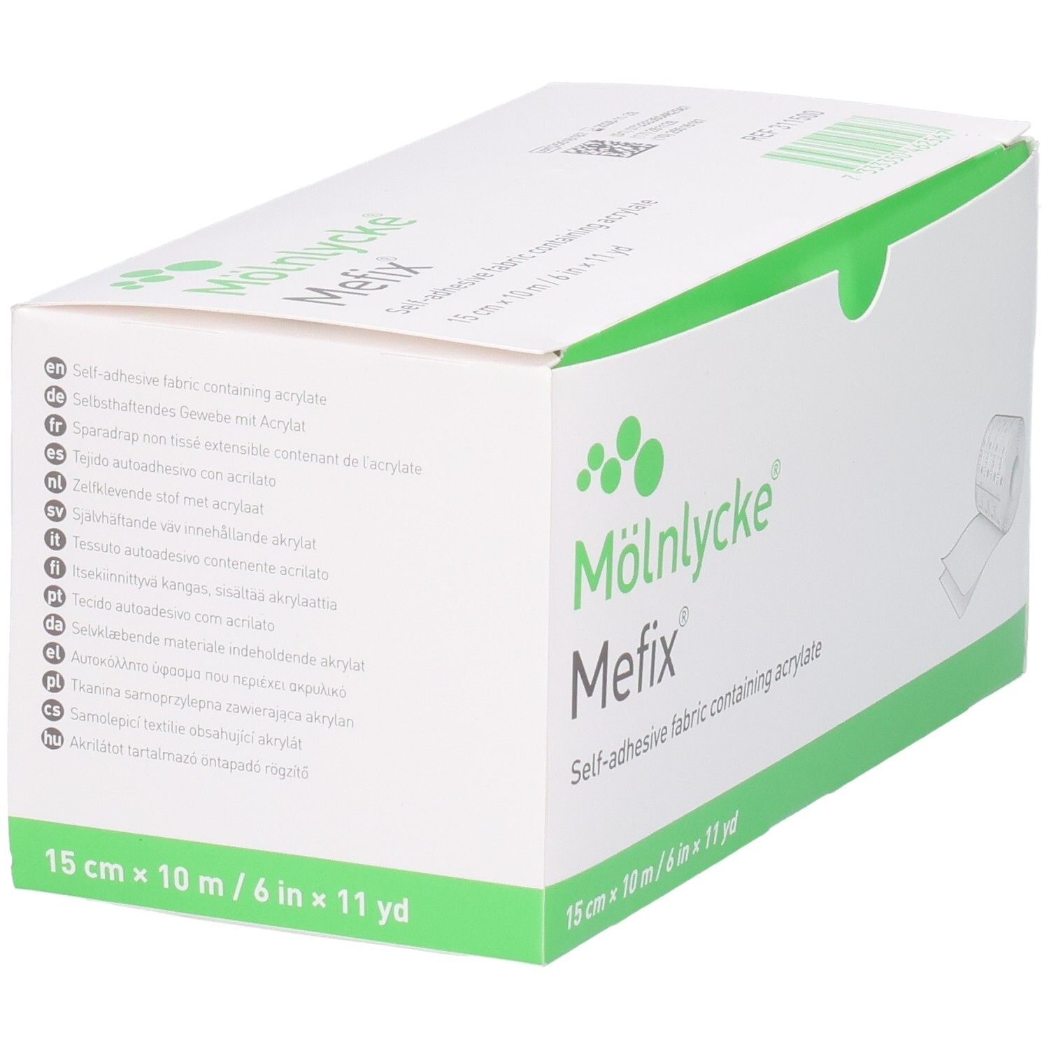 Mefix-Verbandrolle in Verpackung. Marke: Mölnlycke. Größe: 15cm x 10m. Mehrsprachige Textangaben auf der Verpackung. Selbsthaftendes Fixiervlies.