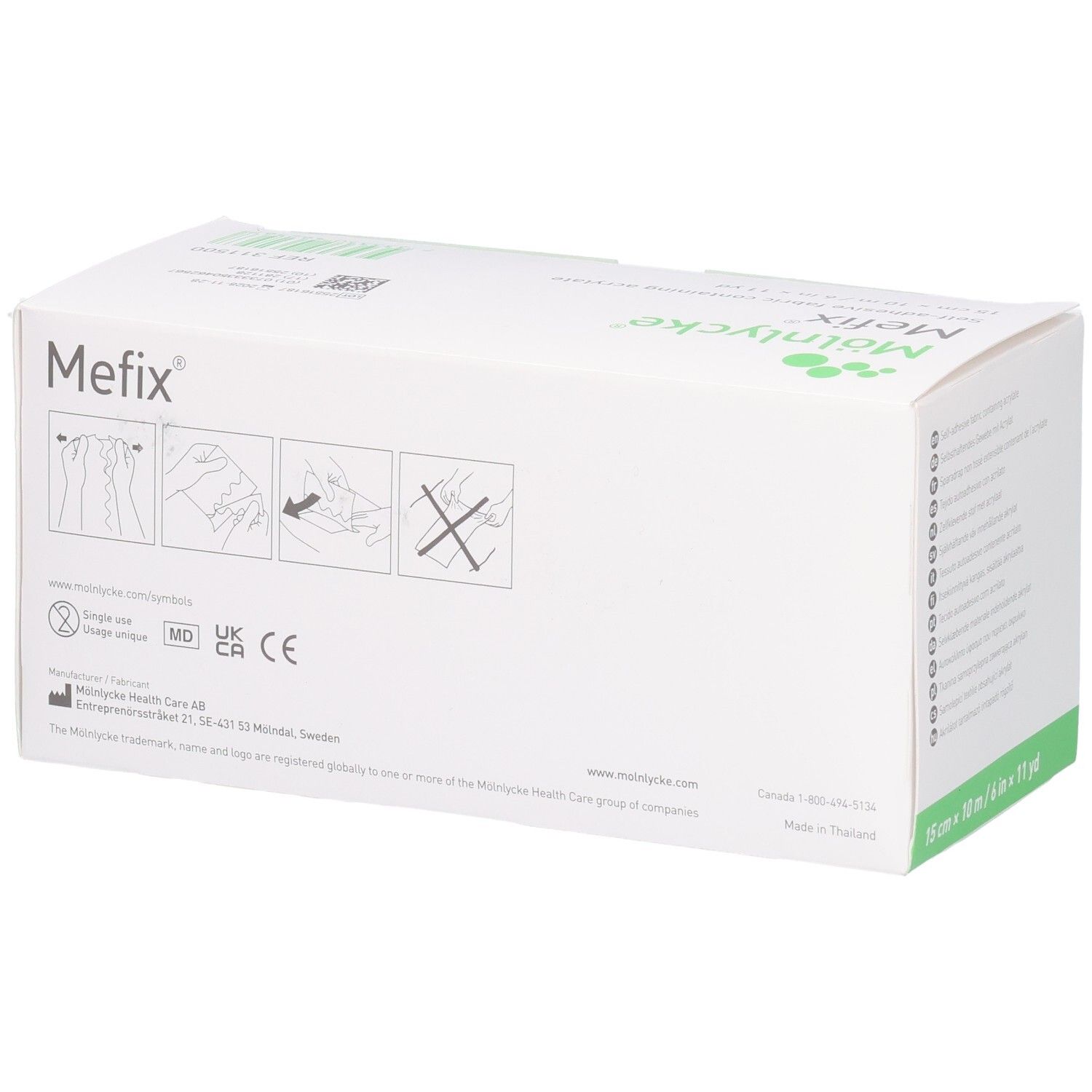 Mefix-Verpackung. Marke: Mölnlycke. Rückseite mit Piktogrammen und Text. CE-Kennzeichnung. Herstelleradresse. Größe: 15cm x 10m.