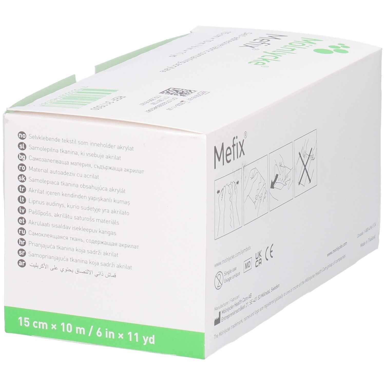 Mefix-Verpackung. Marke: Mölnlycke. Rückseite mit Piktogrammen und Text. Größe: 15cm x 10m. Mehrsprachige Textangaben. Herkunftsland: Thailand.