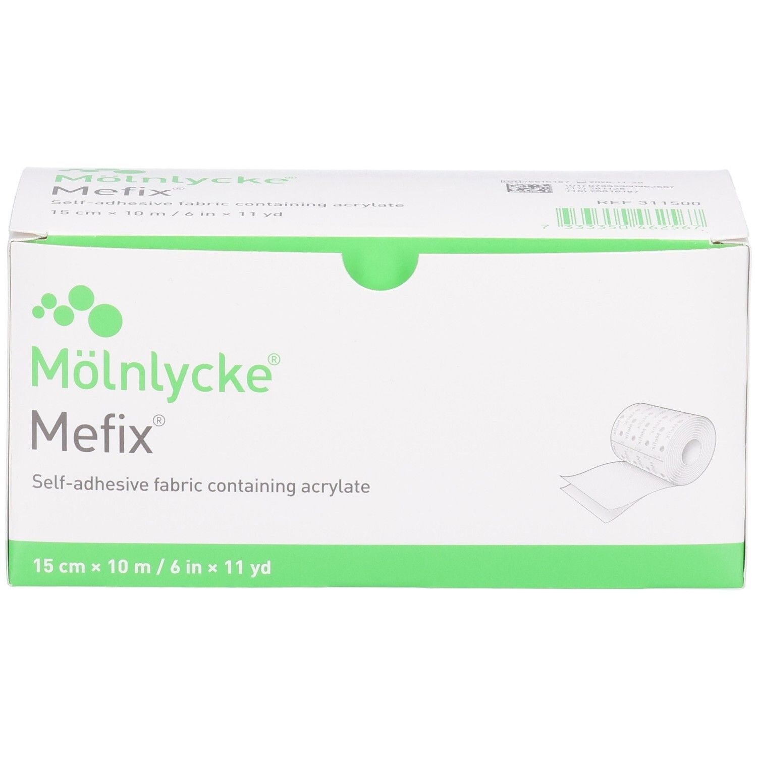 Mefix-Verbandrolle in Verpackung. Marke: Mölnlycke. Größe: 15cm x 10m. Selbsthaftendes Fixiervlies. Grün-weiße Verpackung mit Produktabbildung.