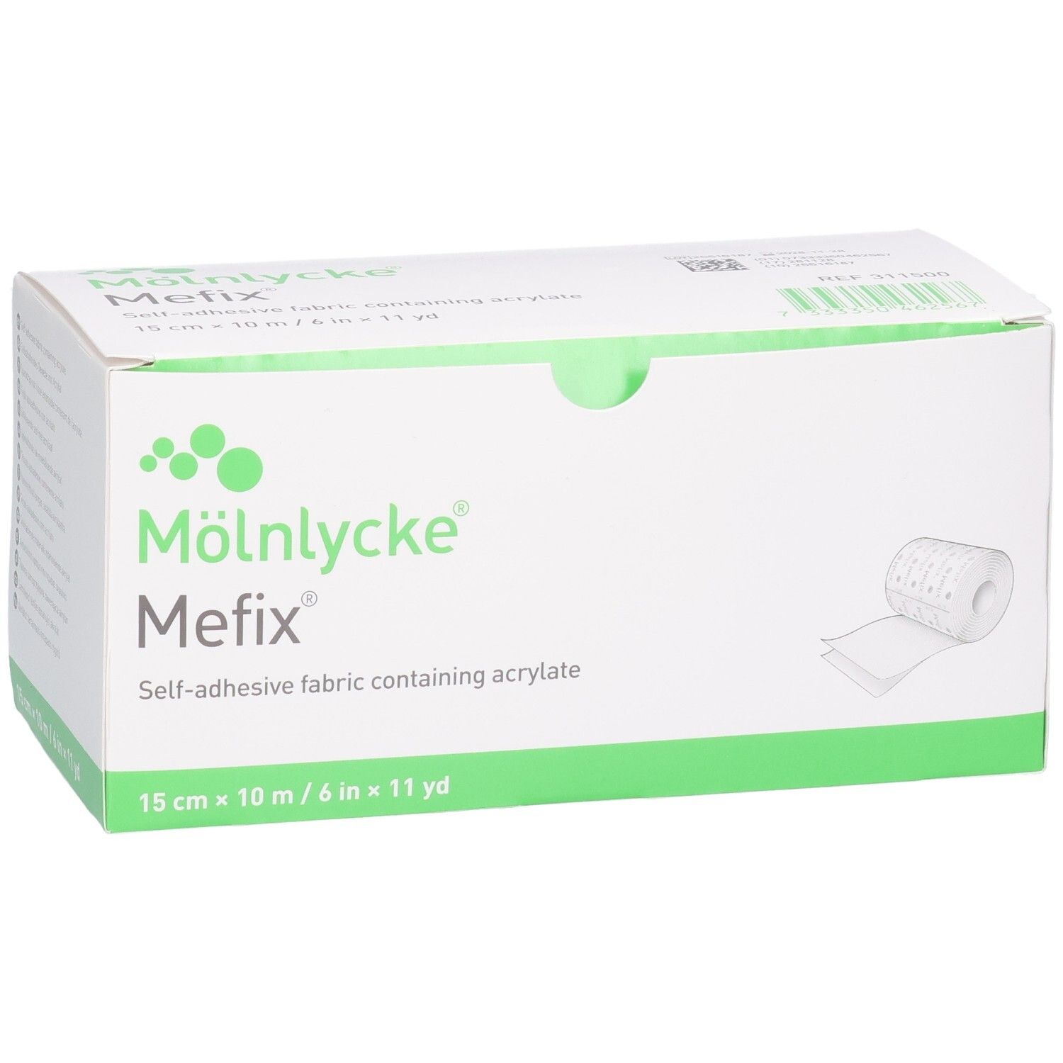 Mefix-Verbandrolle in Verpackung. Marke: Mölnlycke. Größe: 15cm x 10m. Selbsthaftendes Fixiervlies. Grün-weiße Verpackung mit Produktabbildung.