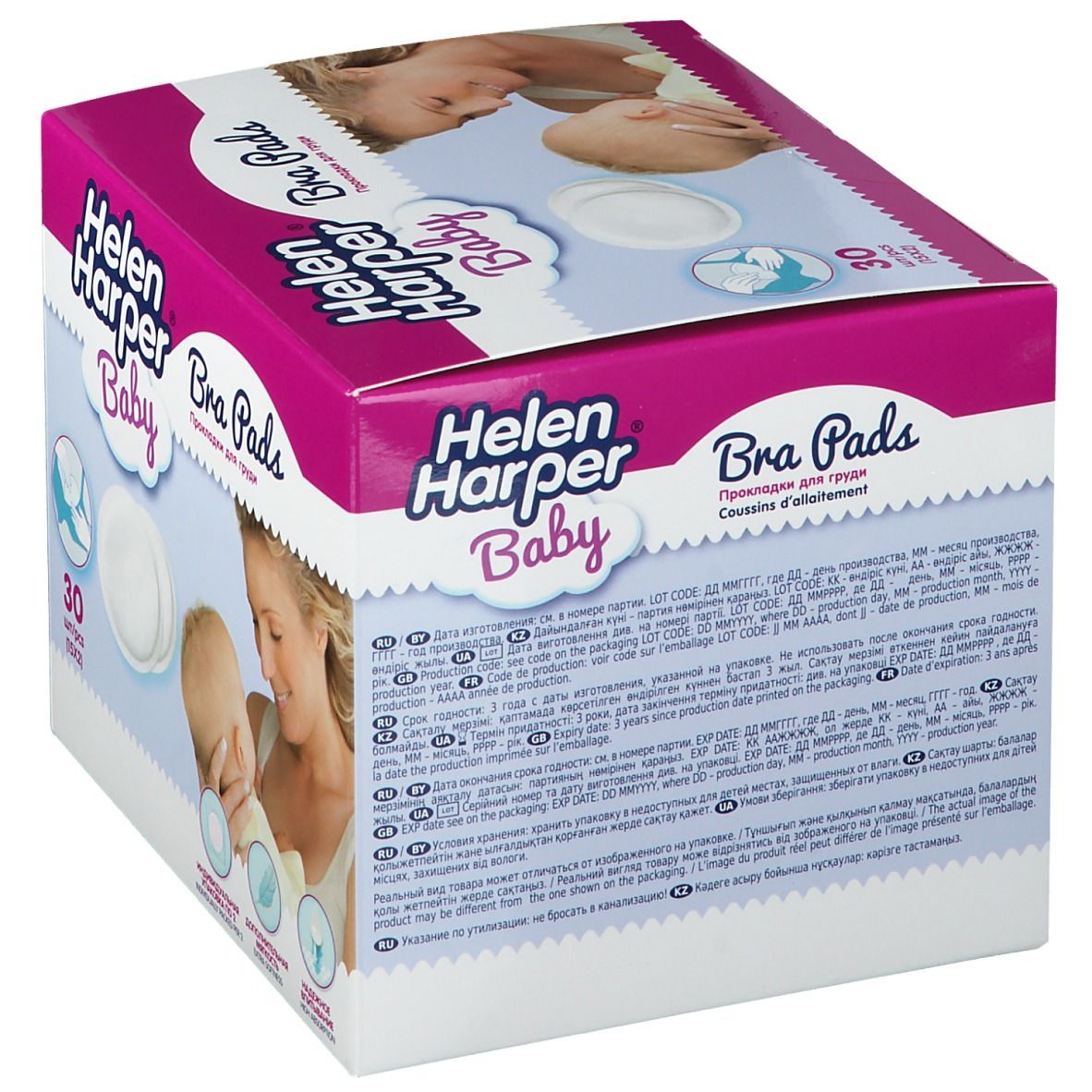 Boîte de coussinets d'allaitement Helen Harper Baby. 30 pièces. Coussinets blancs ronds. Design rose et blanc avec illustrations de bébés.