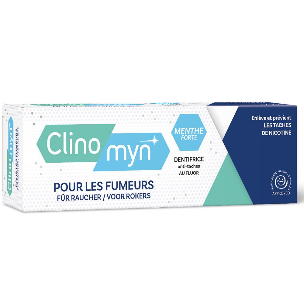 Boîte de dentifrice Clinomyn pour fumeurs. Contient du fluor. Élimine et prévient les taches de nicotine.