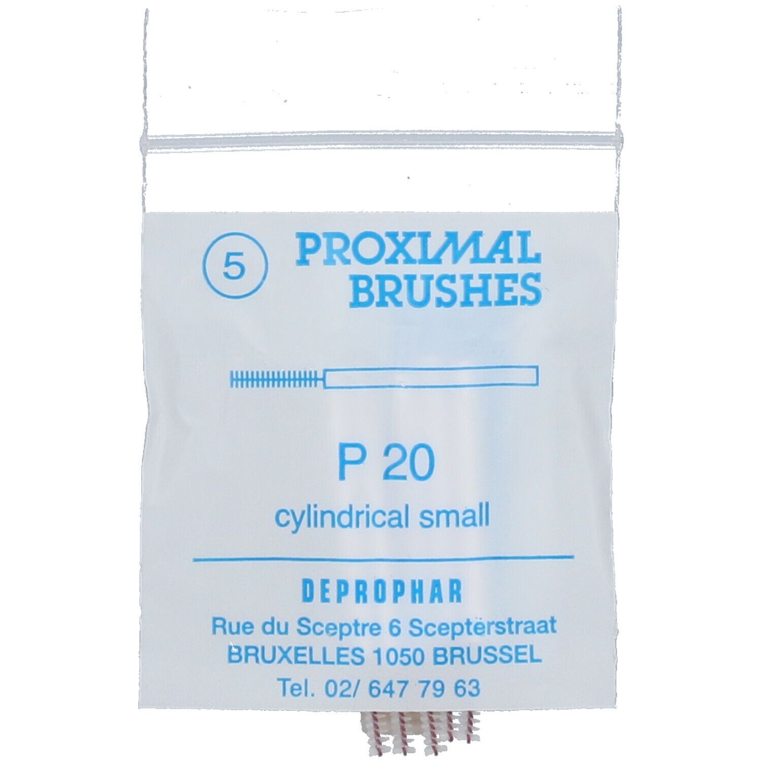 Sachet "PROXIMAL BRUSHES" avec "P 20 cylindrical small". Adresse et numéro de téléphone.