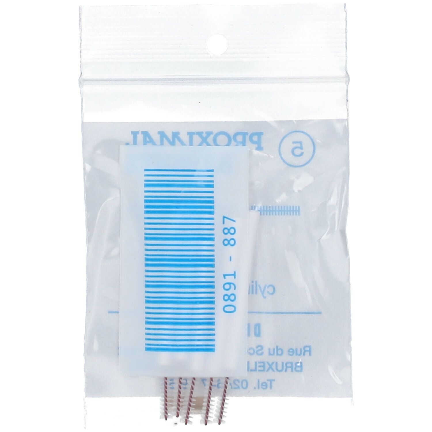 Sachet "PROXIMAL BRUSHES". Code-barres et nom du produit. Adresse et numéro de téléphone.