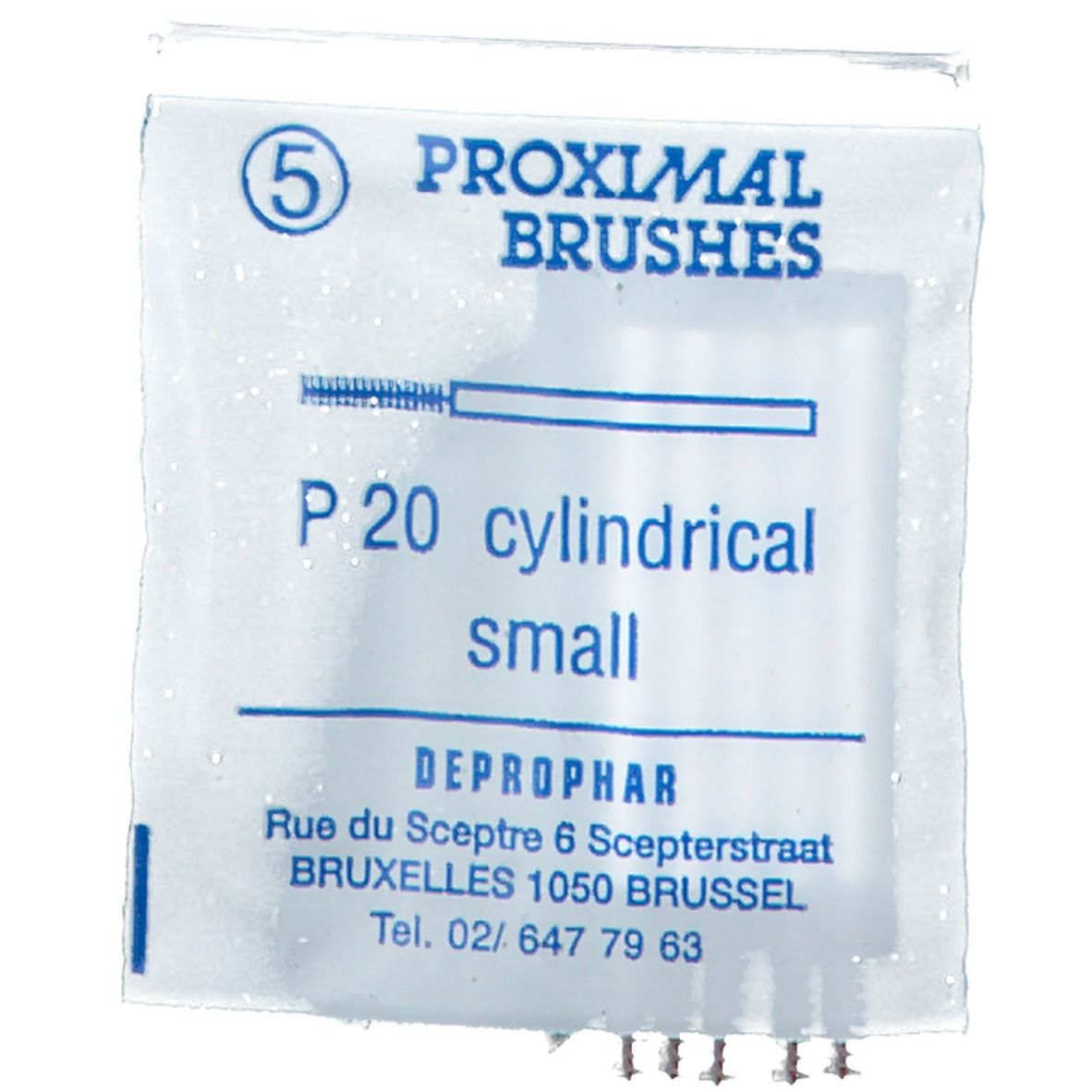 Sachet "PROXIMAL BRUSHES" avec "P 20 cylindrical small". Adresse et numéro de téléphone.