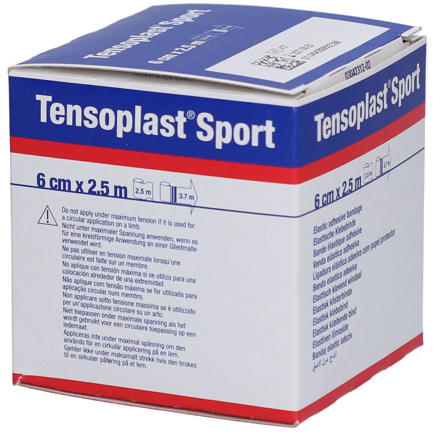 Emballage Tensoplast® Sport, 6 cm x 2,5 m. Texte d'avertissement. Boîte bleue et blanche.