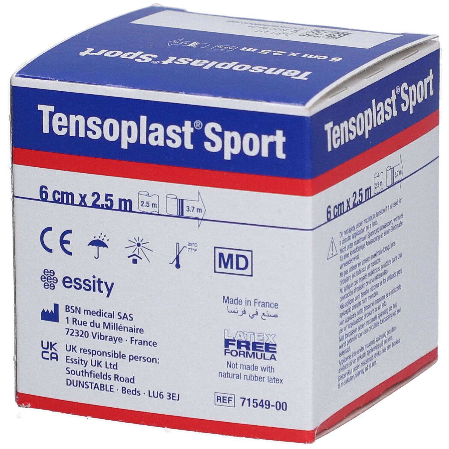 Emballage Tensoplast® Sport, 6 cm x 2,5 m. Contient marquage CE, symbole MD et sans latex.