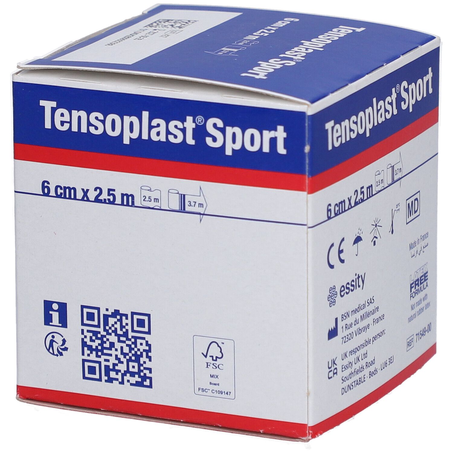 Emballage Tensoplast® Sport, 6 cm x 2,5 m. Avec logo FSC et code QR. Boîte bleue et blanche.
