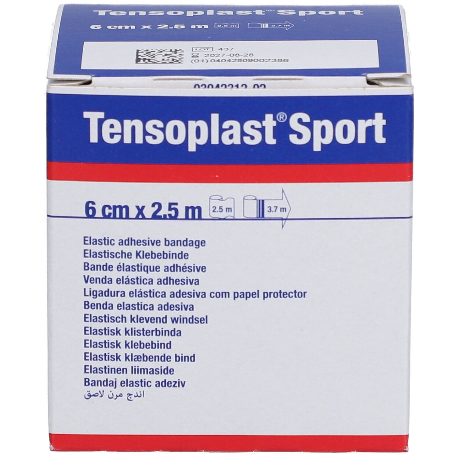 Emballage Tensoplast® Sport, 6 cm x 2,5 m. Nom du produit et dimensions sur la boîte. Texte multilingue.