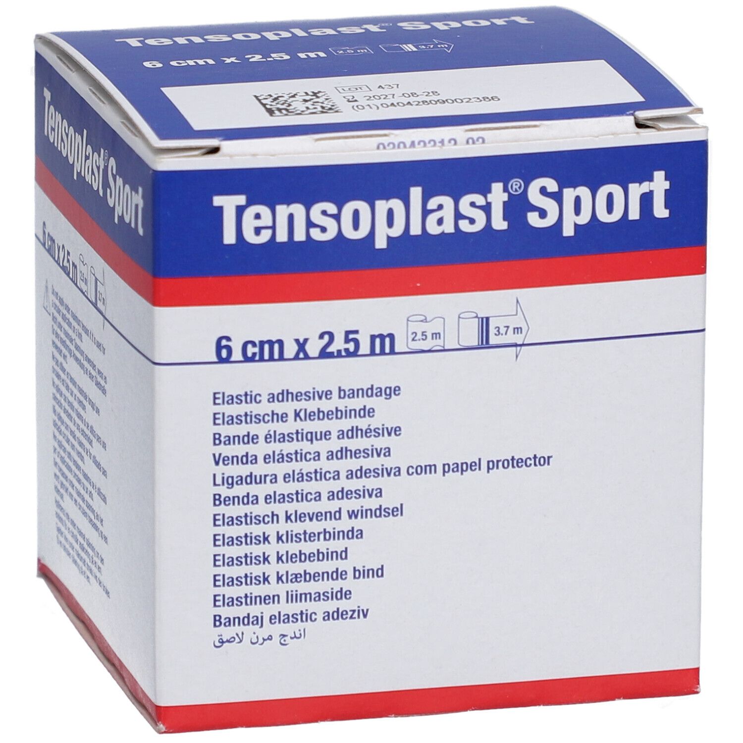 Emballage Tensoplast® Sport, 6 cm x 2,5 m. Nom du produit et dimensions sur la boîte. Texte multilingue.