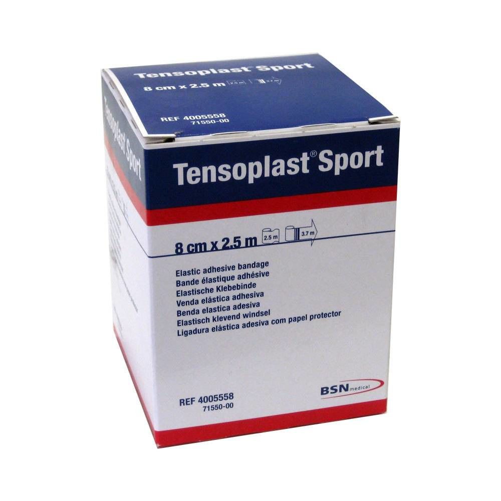 Schachtel mit Tensoplast® Sport. Aufschrift: 8 cm x 2,5 m. Elastische Klebebinde. BSN medical Logo.